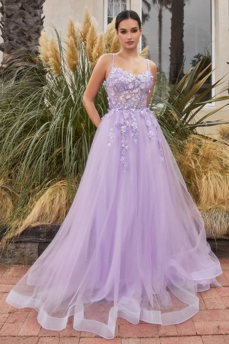 Floral Applique A-Line Scoop Neck Adjustable Open Back Bodice Long Boho & Prom Dress CDA1142
