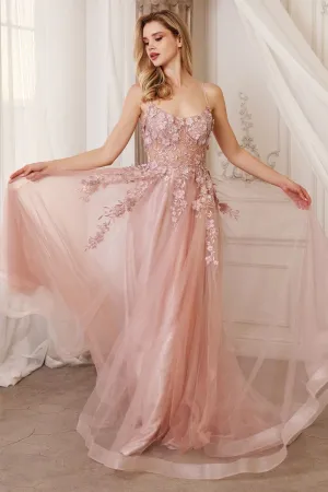 Floral Applique A-Line Scoop Neck Adjustable Open Back Bodice Long Boho & Prom Dress CDA1142