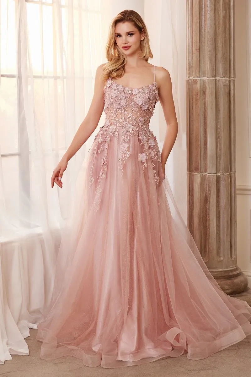 Floral Applique A-Line Scoop Neck Adjustable Open Back Bodice Long Boho & Prom Dress CDA1142