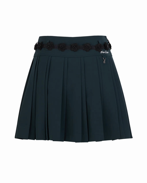 Tonal Look Wrap Closure Flower belt set pleated skirt- Dark Green