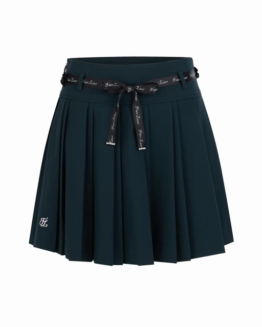 Crisscross Back Flower belt set pleated skirt- Dark Green