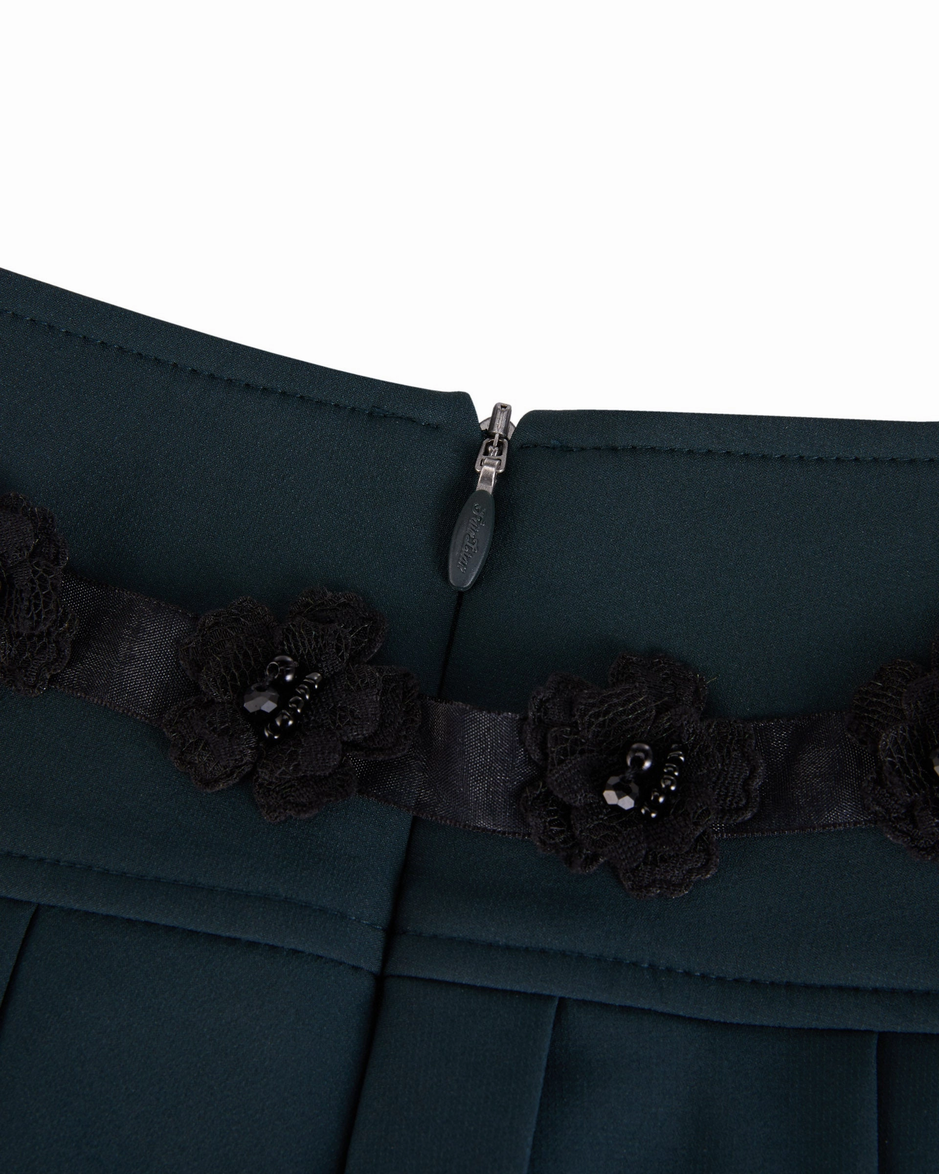 Double Layer Construction Flower belt set pleated skirt- Dark Green