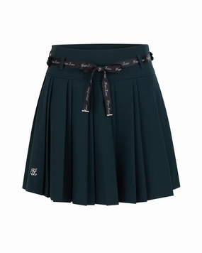 Crisscross Back Flower belt set pleated skirt- Dark Green