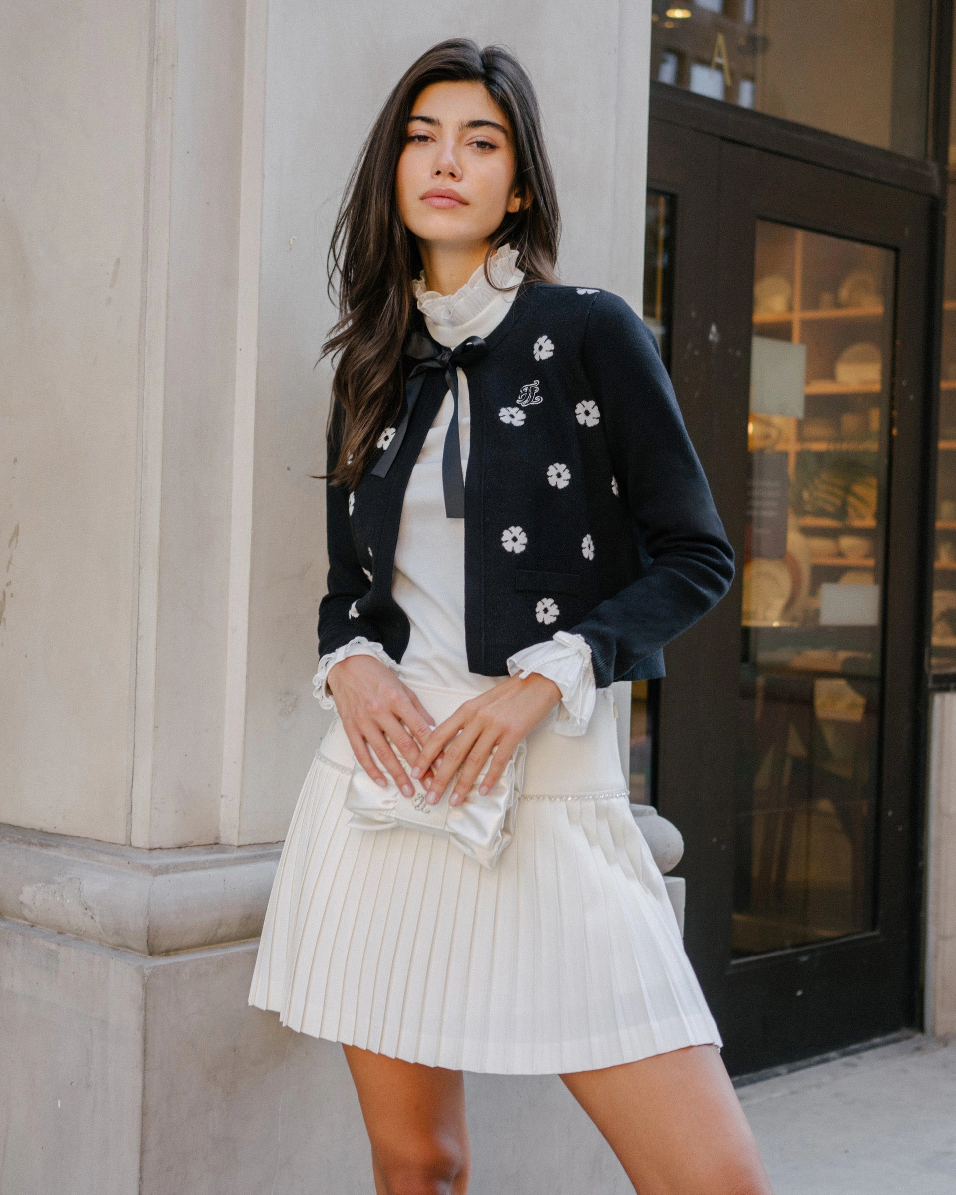 Long Sleeve Tee Fade Resistant Treatment Flower Jacquard Open Ribbon Cardigan - Black