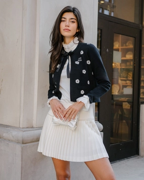 Long Sleeve Tee Fade Resistant Treatment Flower Jacquard Open Ribbon Cardigan - Black