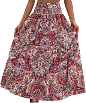Flowy Summer Skirts for Women Casual Pleated Elastic Waist Maxi Skirt Loose Comfy Retro Print A-Line Long Skirt Red