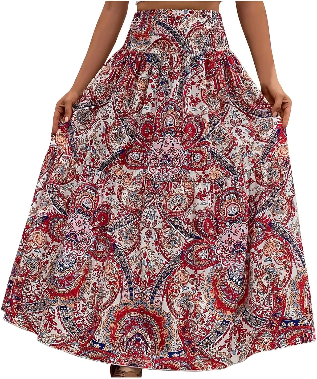 Flowy Summer Skirts for Women Casual Pleated Elastic Waist Maxi Skirt Loose Comfy Retro Print A-Line Long Skirt Red