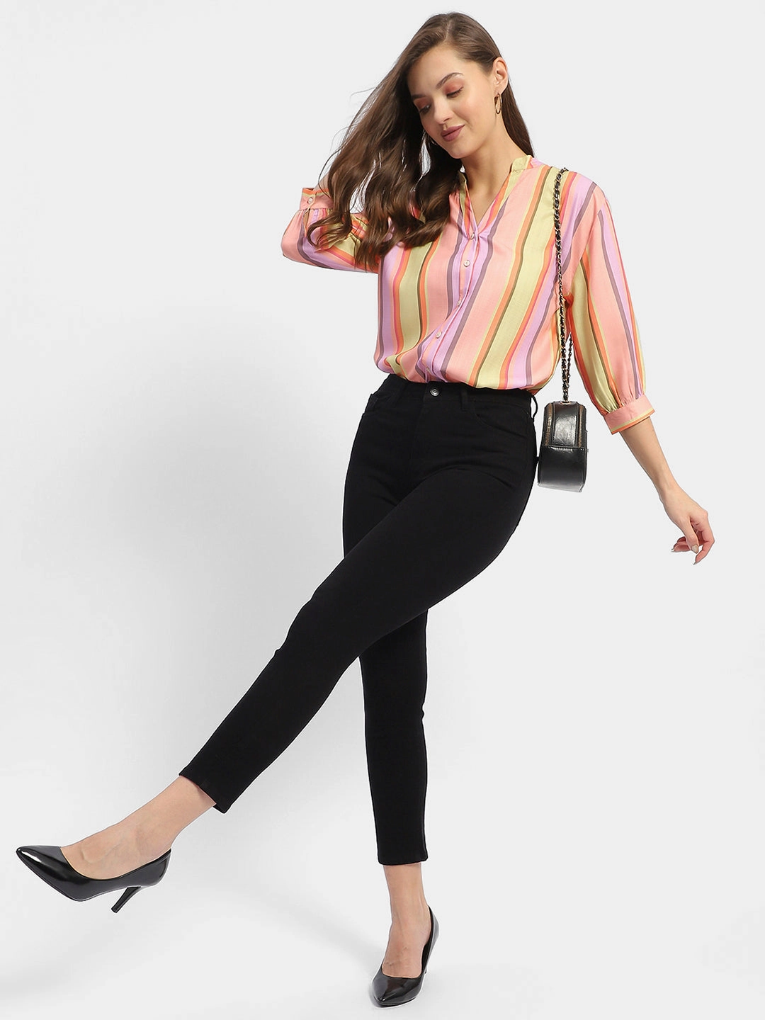 Madame Striped Orange Regular Top Stretch Fit Engineering Reflective accents