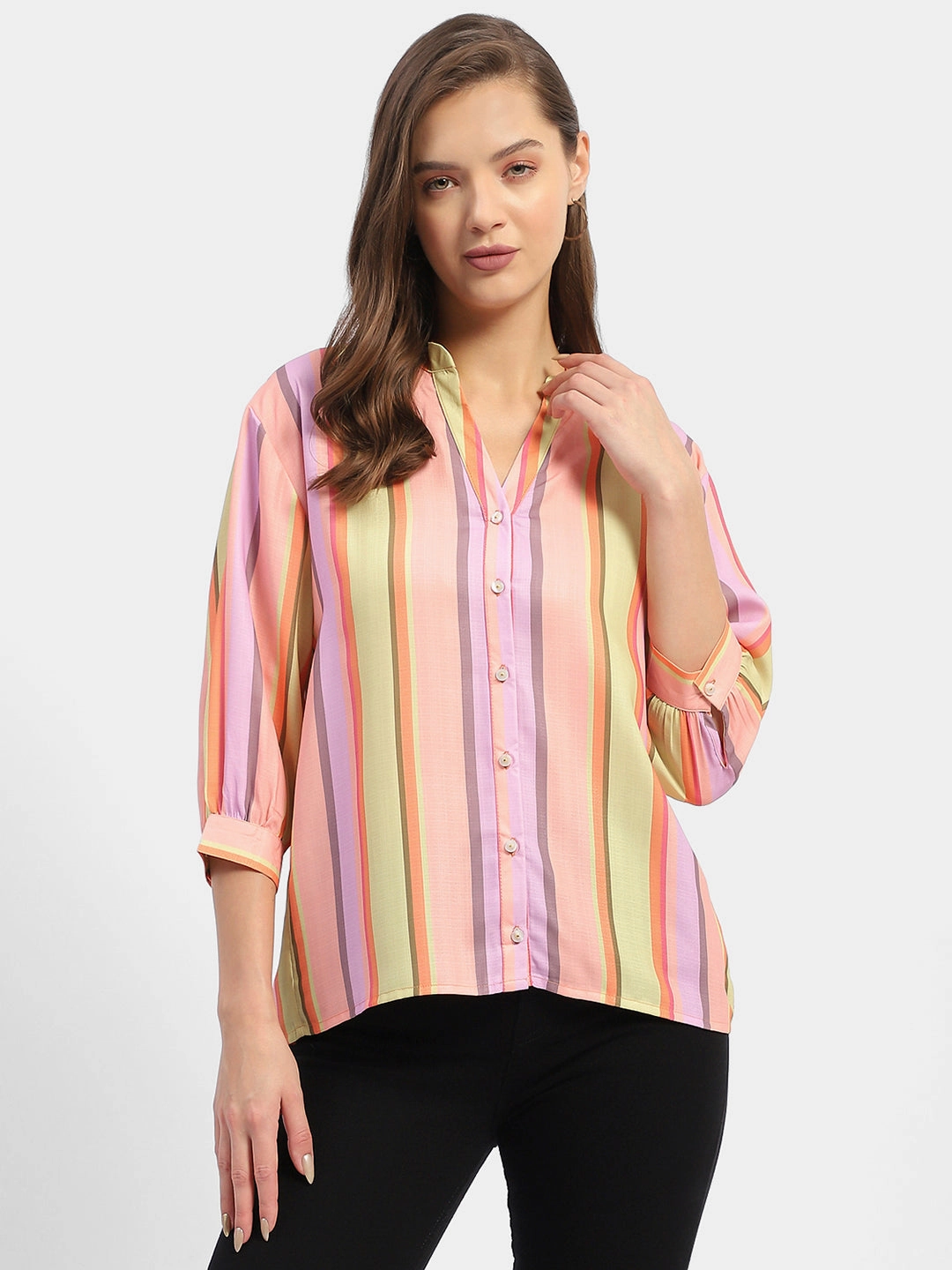 Fashionable Style Madame Striped Orange Regular Top