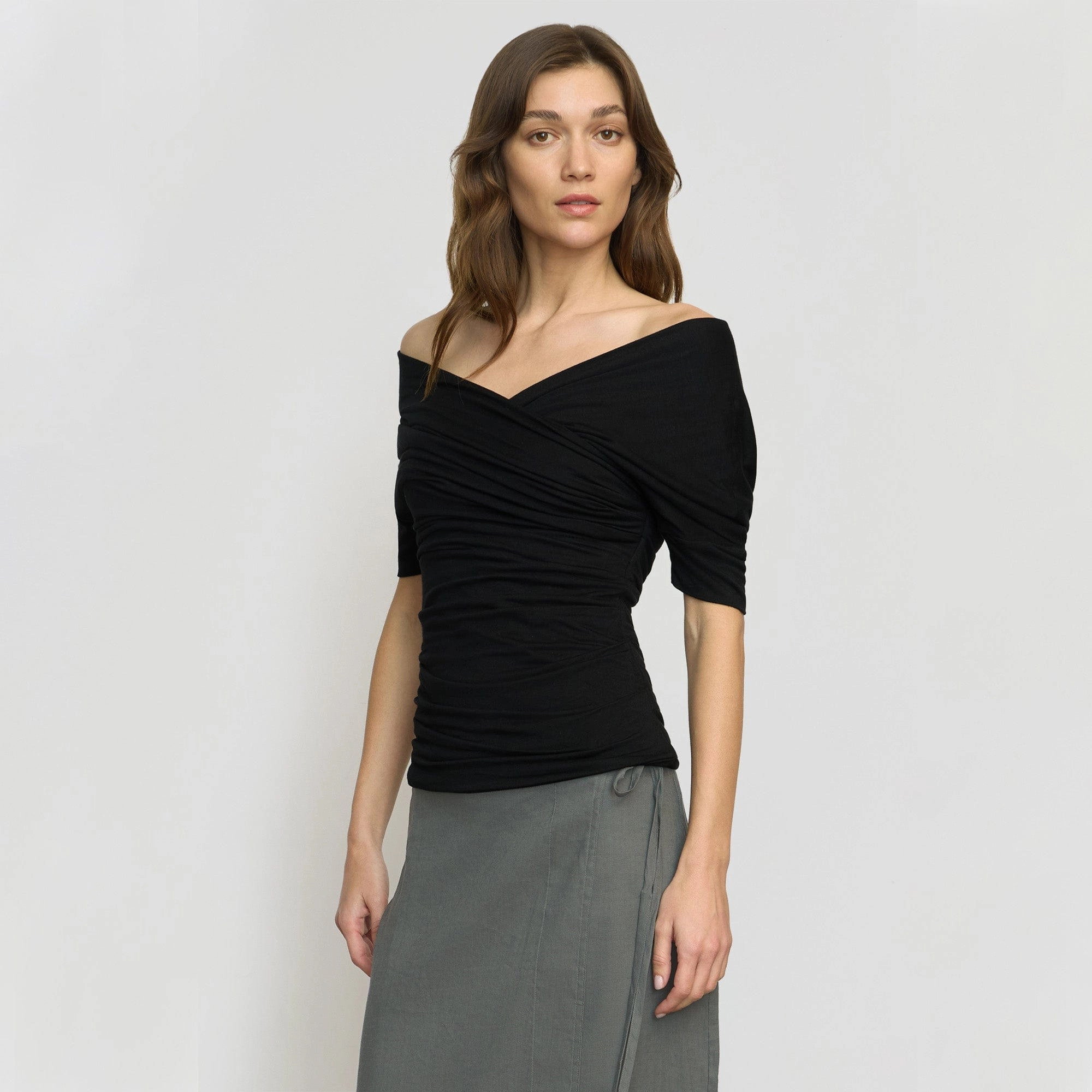Thalia Ruched Off-Shoulder Tee QuickDry Textile