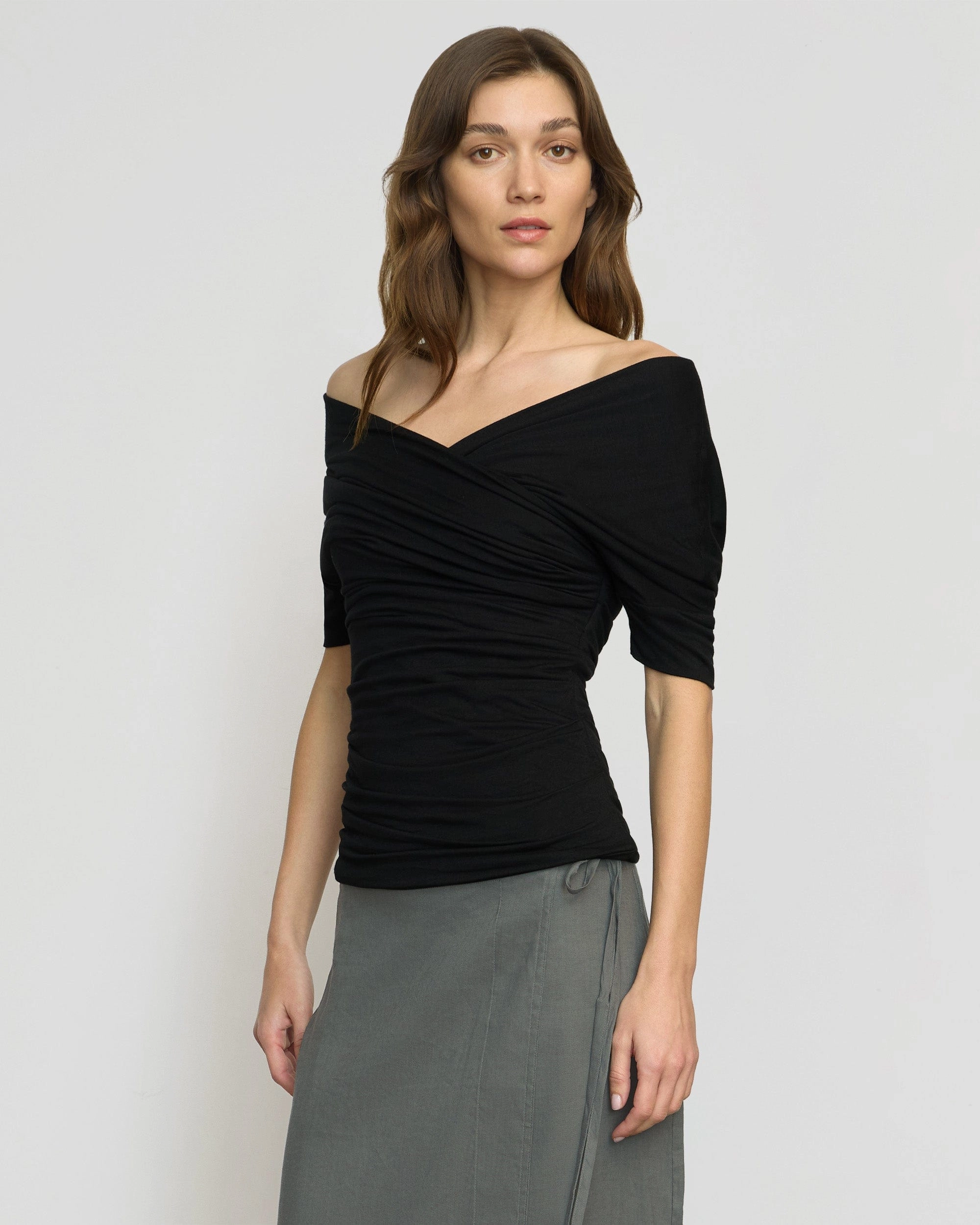 Fade Resistant Treatment HypoallergenicFabric Thalia Ruched Off-Shoulder Tee