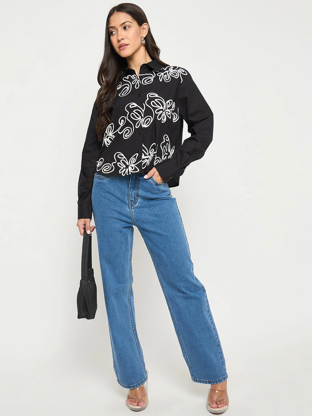 Madame Dori Embroidered Black Cotton Shirt Fitted Silhouette Geometric Design