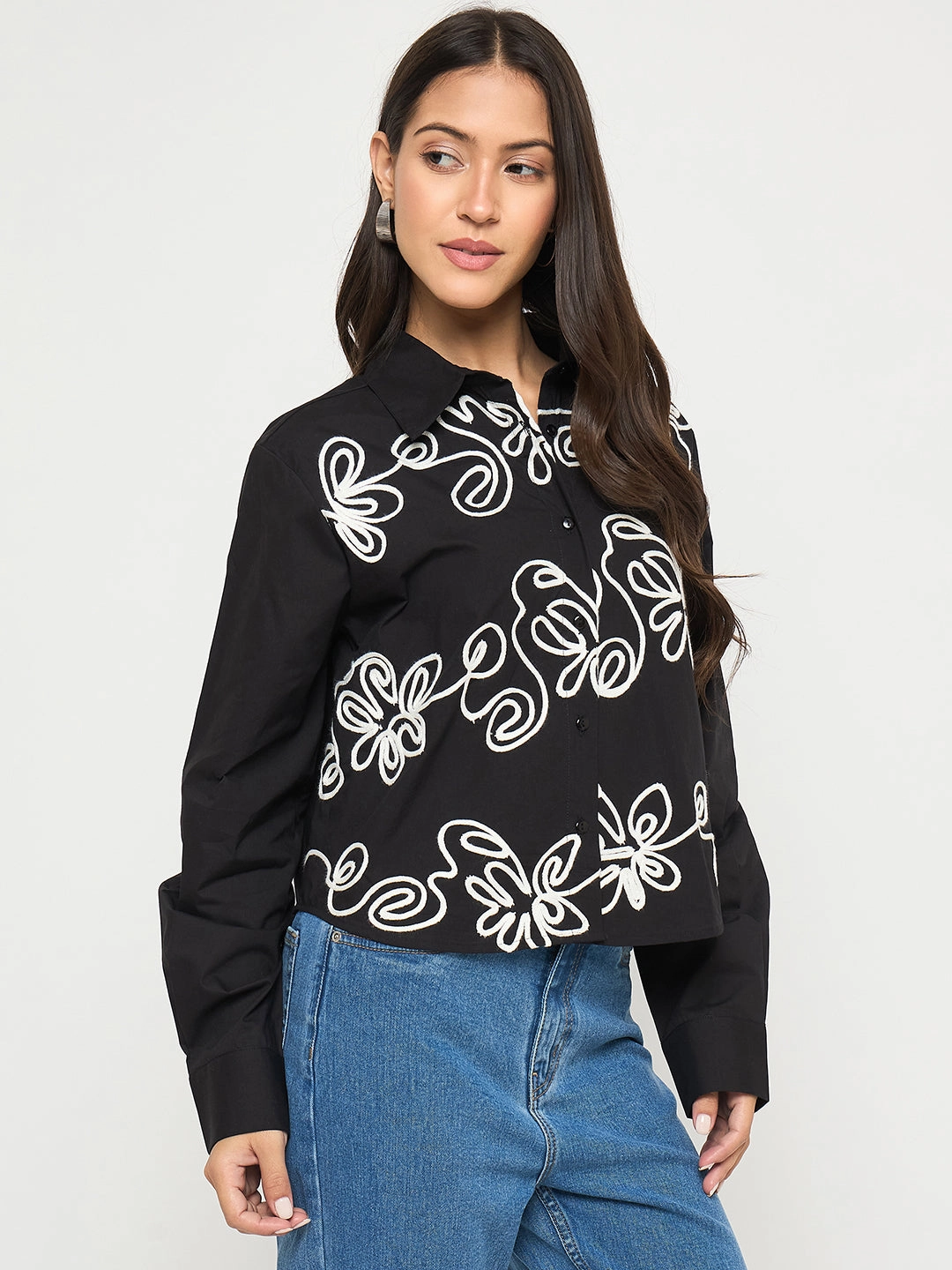 Wardrobe Must-Have Comfort Fit Madame Dori Embroidered Black Cotton Shirt