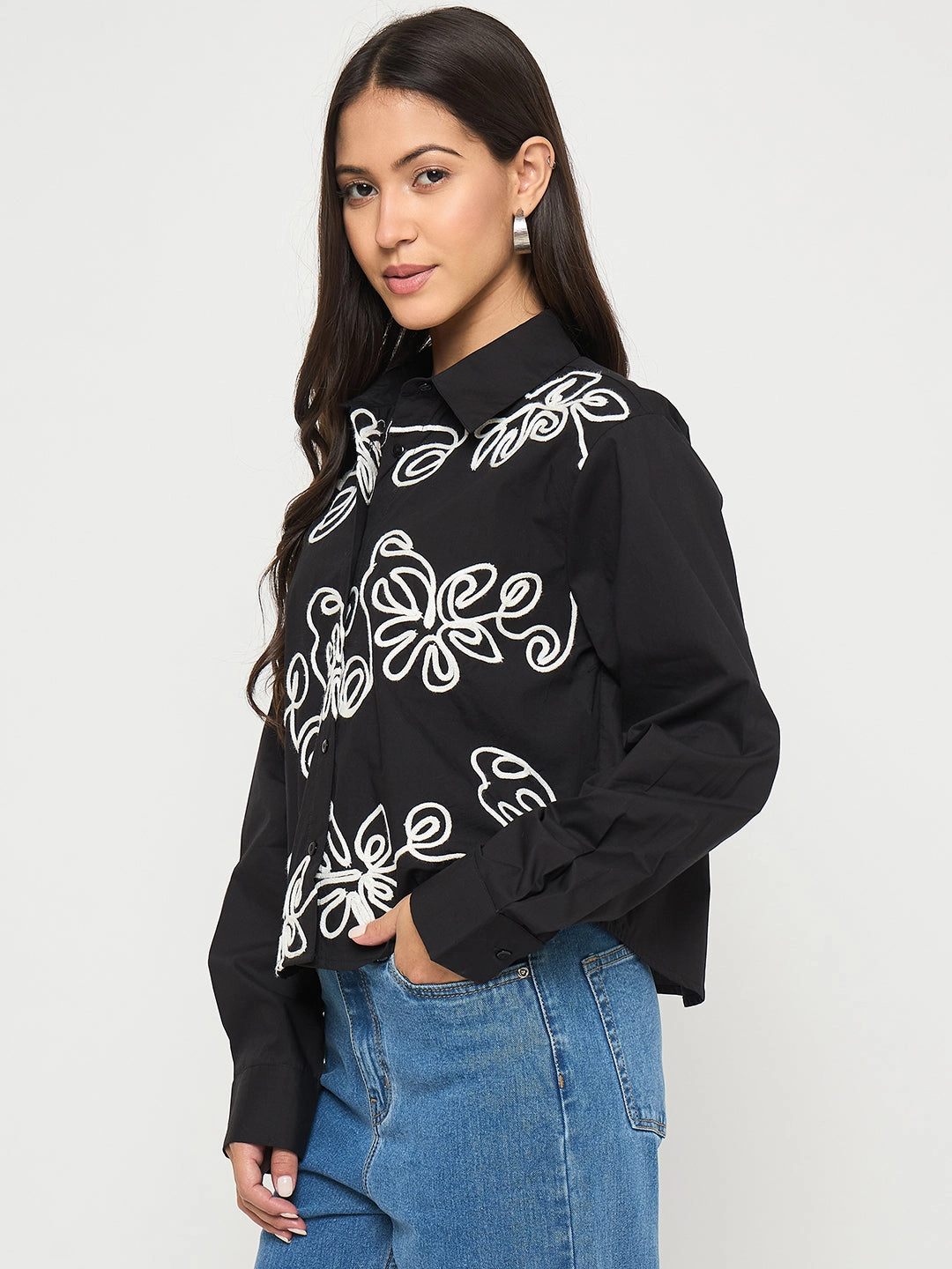 High-End Fashion Madame Dori Embroidered Black Cotton Shirt
