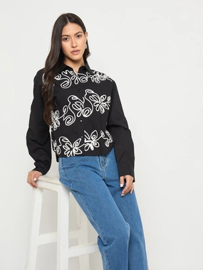 Madame Dori Embroidered Black Cotton Shirt Work From Home