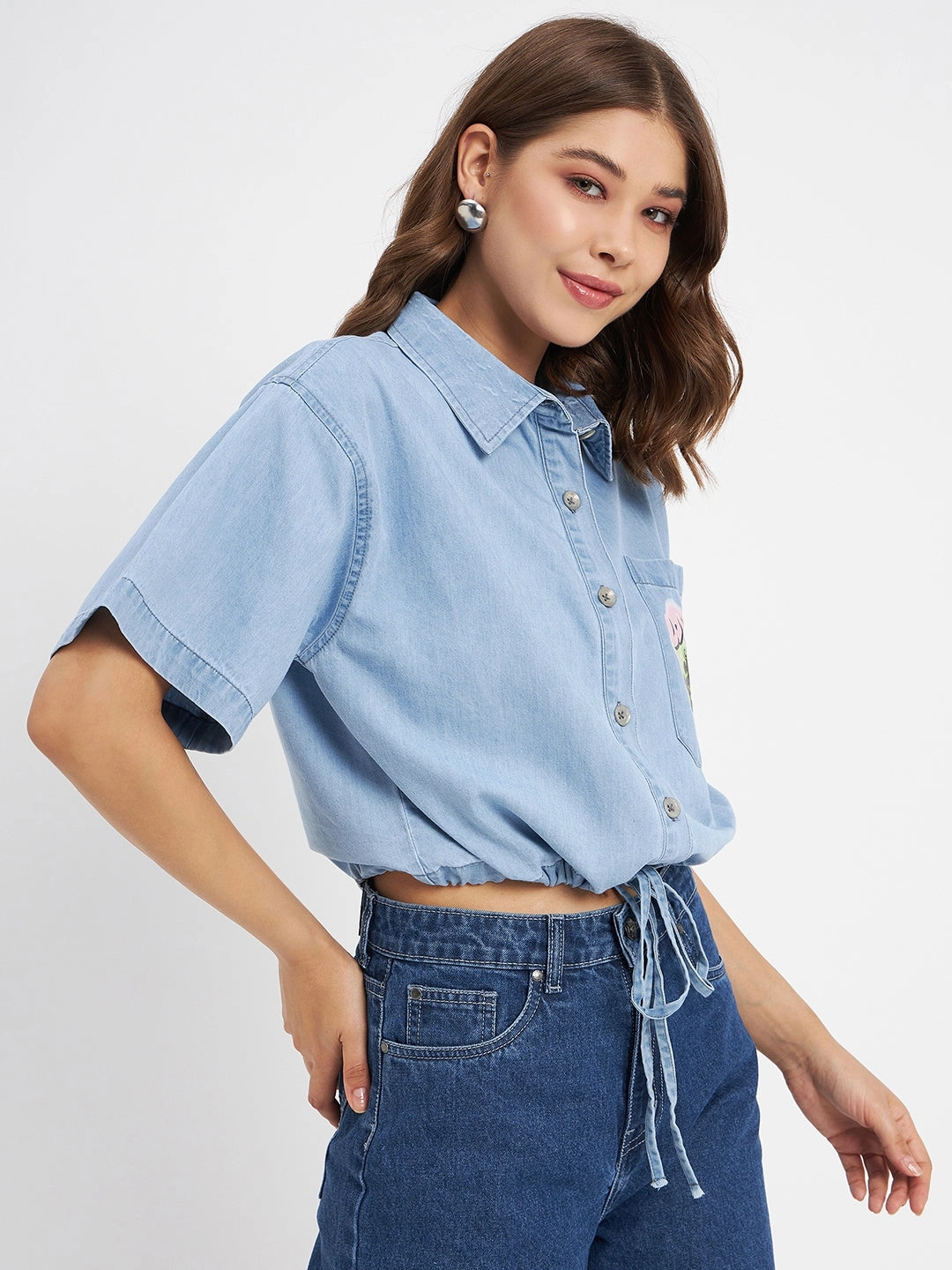 Errand Ready Madame Graphic Print Light Blue Cotton Shirt