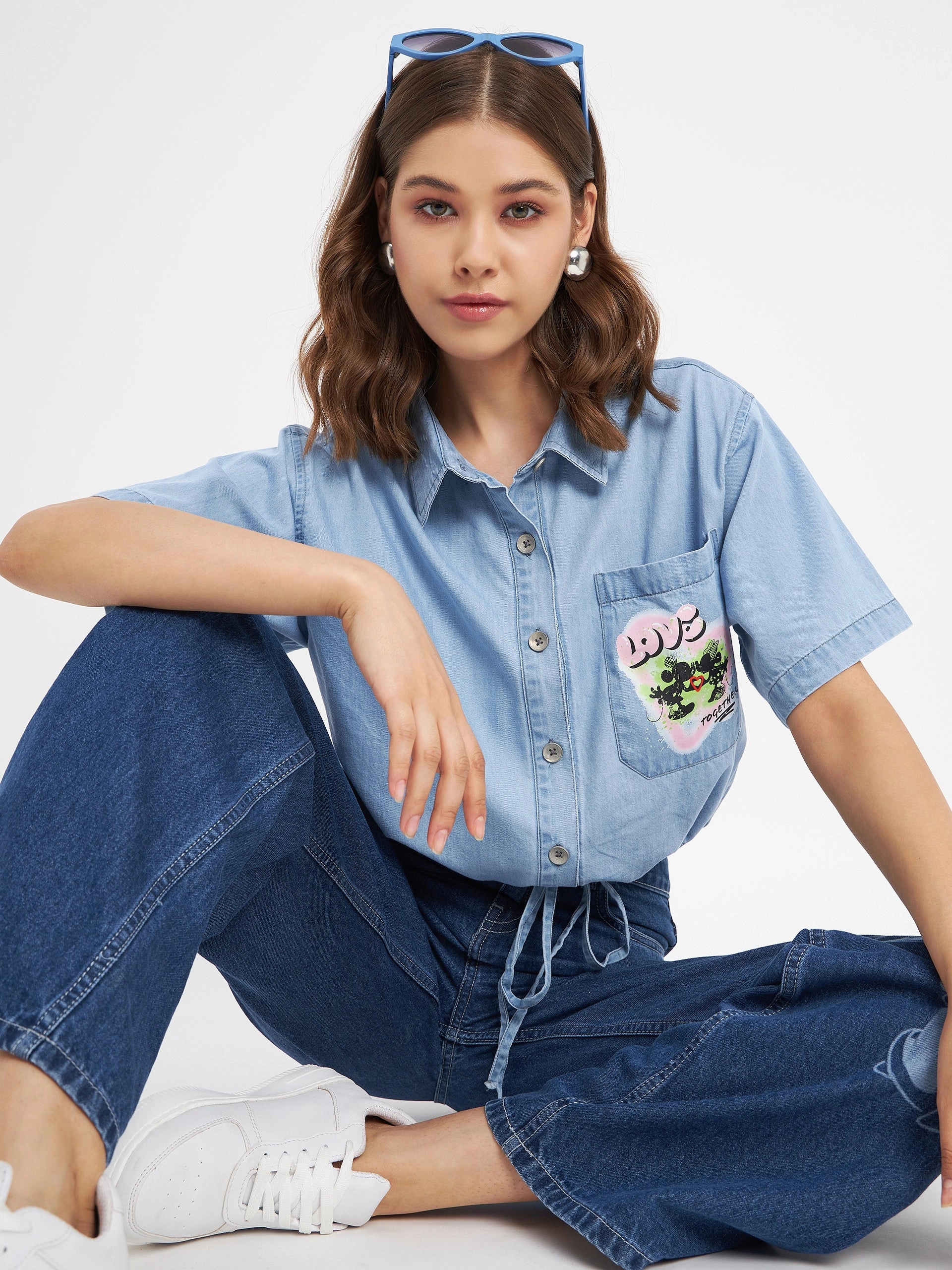 Timeless Piece Madame Graphic Print Light Blue Cotton Shirt