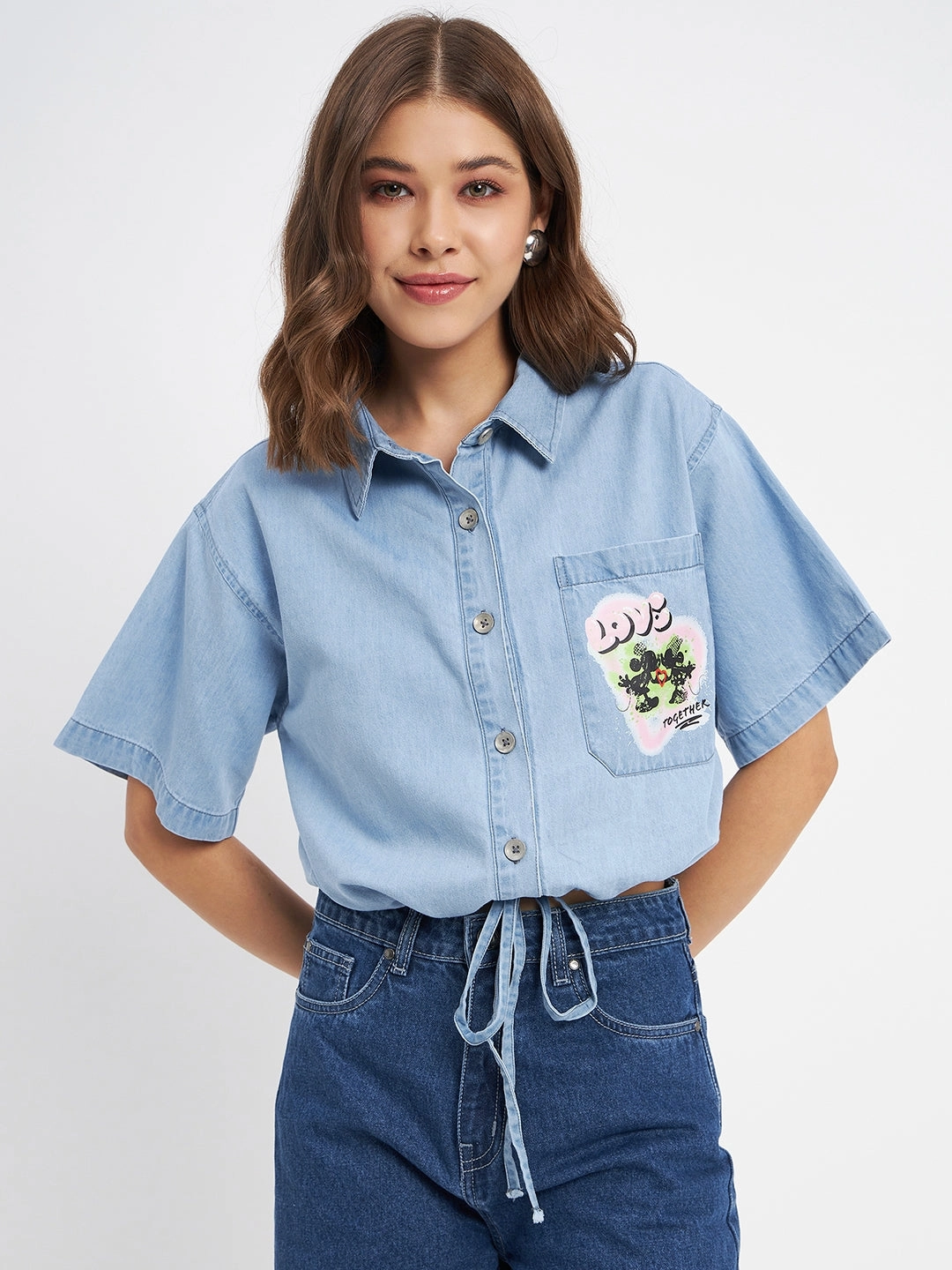 Anti-static Madame Graphic Print Light Blue Cotton Shirt