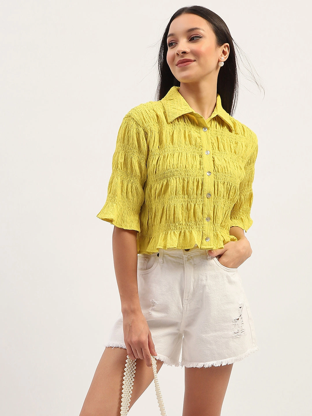 Laser Cut Edge Detail Hypoallergenic Lining Madame Pleated Detailing Solid Lime Shirt