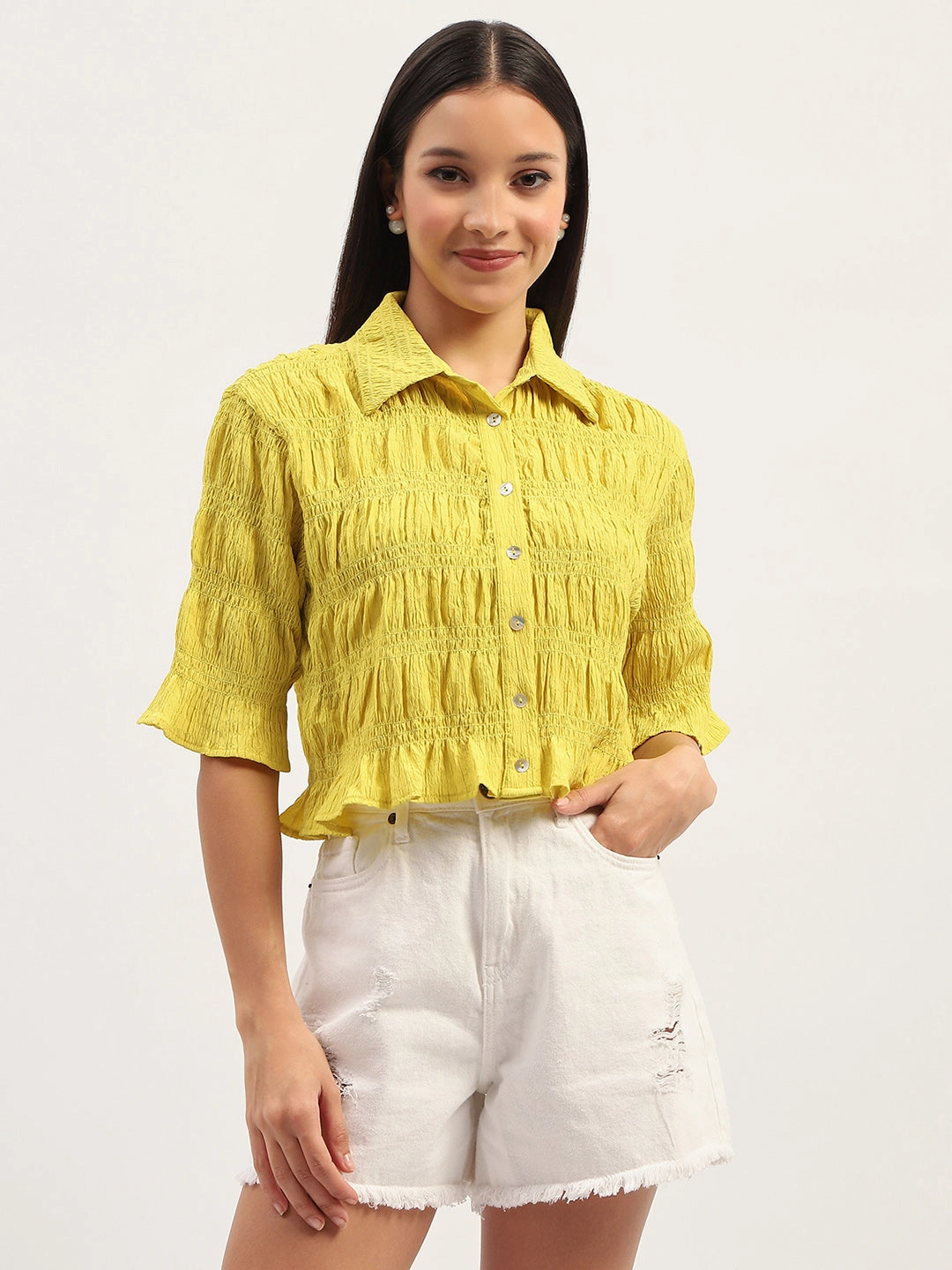 Madame Pleated Detailing Solid Lime Shirt Tailored Cuffs Sophisticated Style