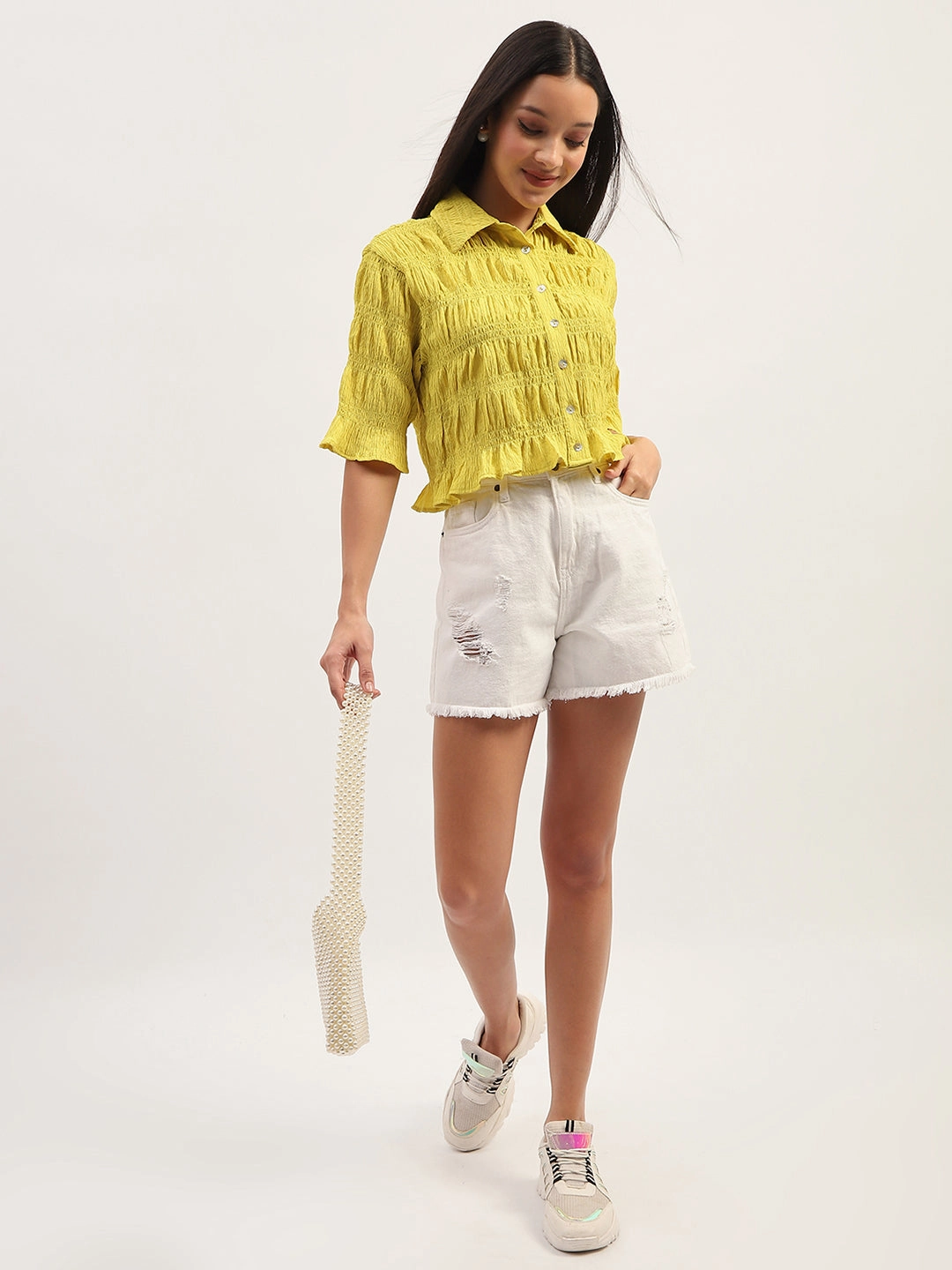 Morning Comfort Madame Pleated Detailing Solid Lime Shirt