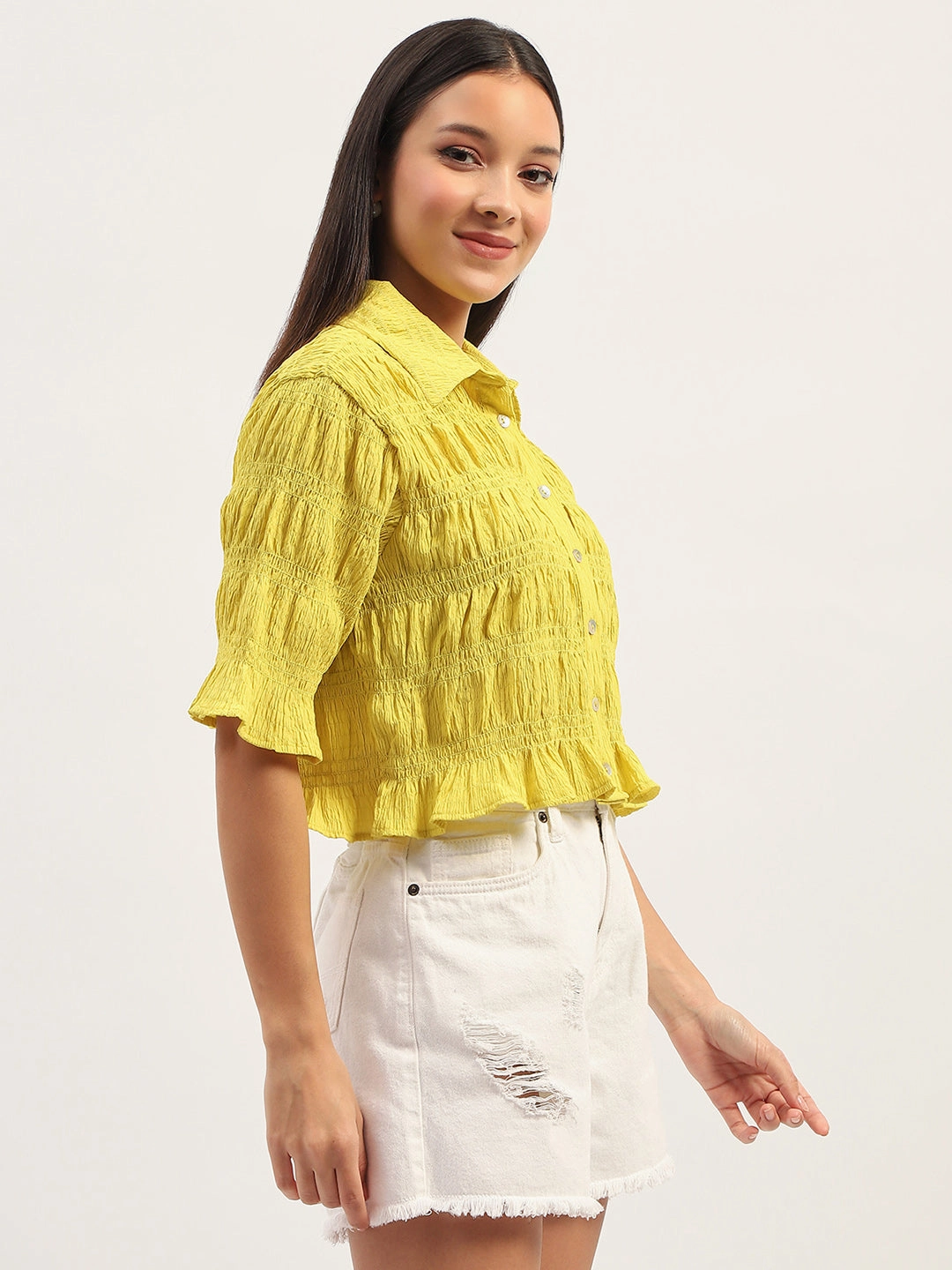 Country Escape Anti Static Lining Madame Pleated Detailing Solid Lime Shirt