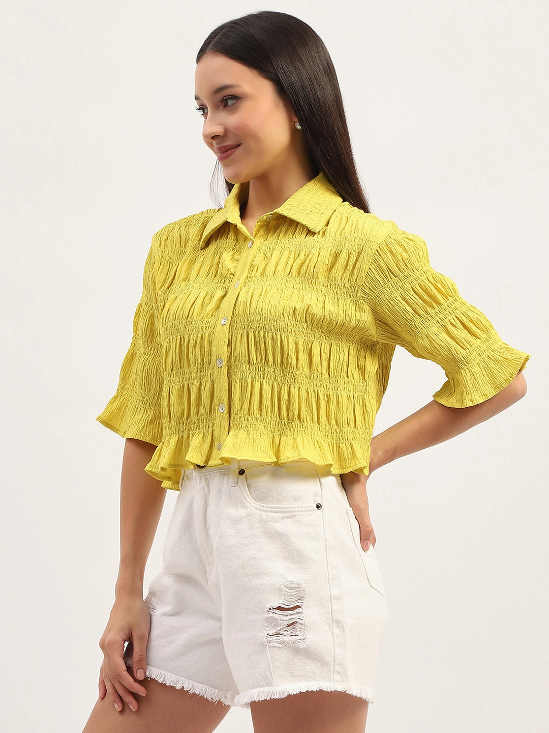 Personalized Touch Madame Pleated Detailing Solid Lime Shirt