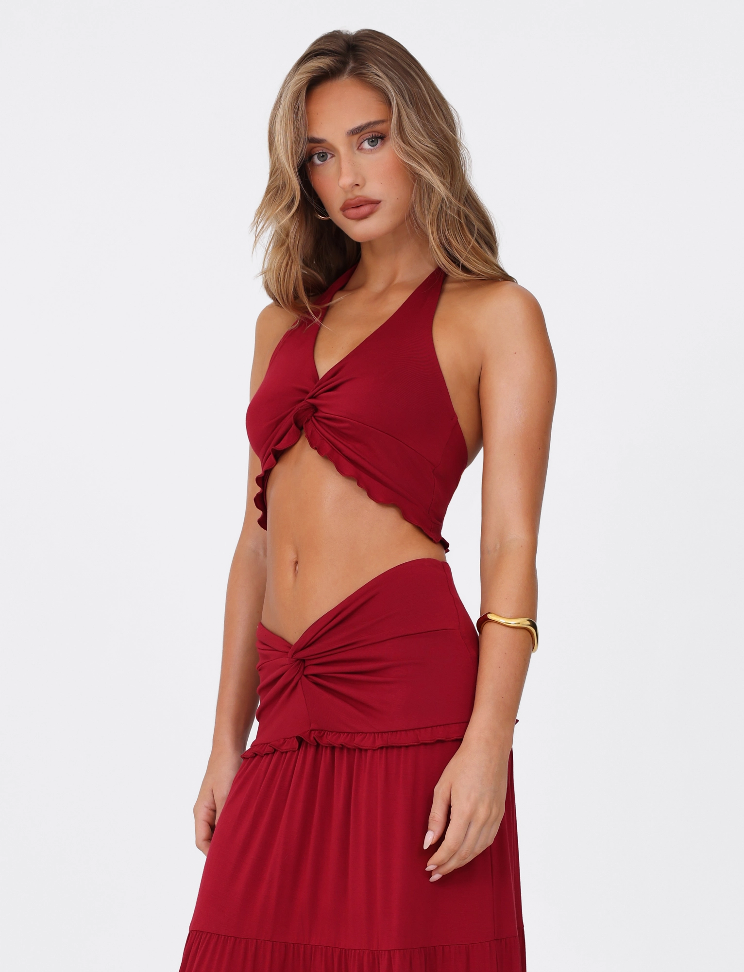 Reflective Trim Textured Weave KATYA HALTER TOP - RED