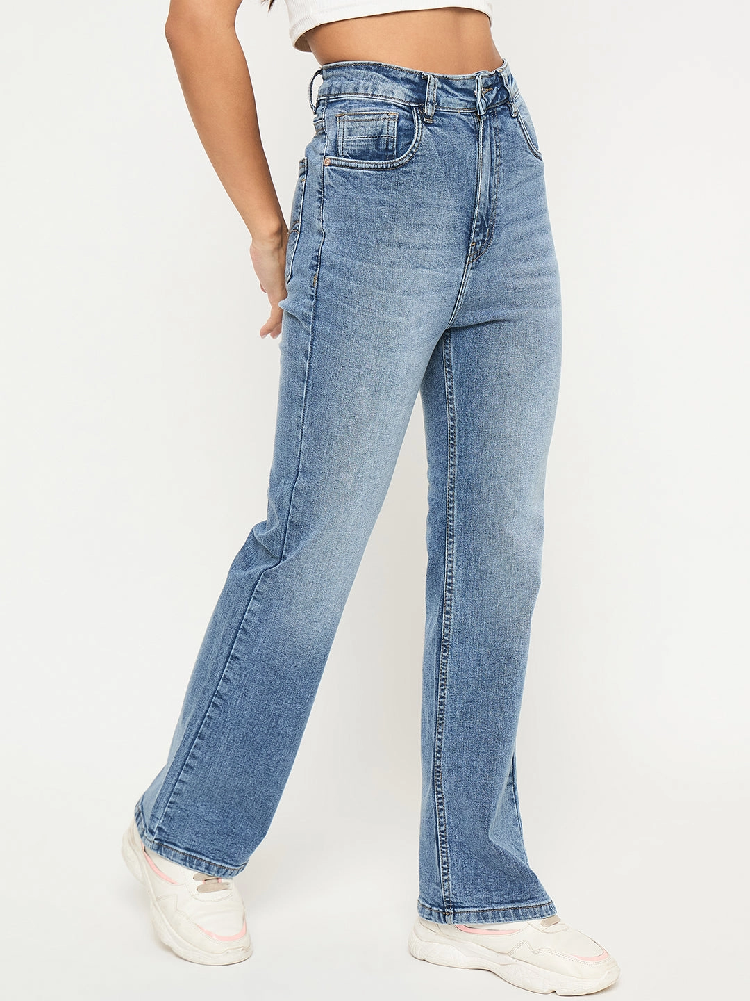 Rainy Day High Quality elastic waistband Madame Whiskered Stone Wash Light Blue Jeans