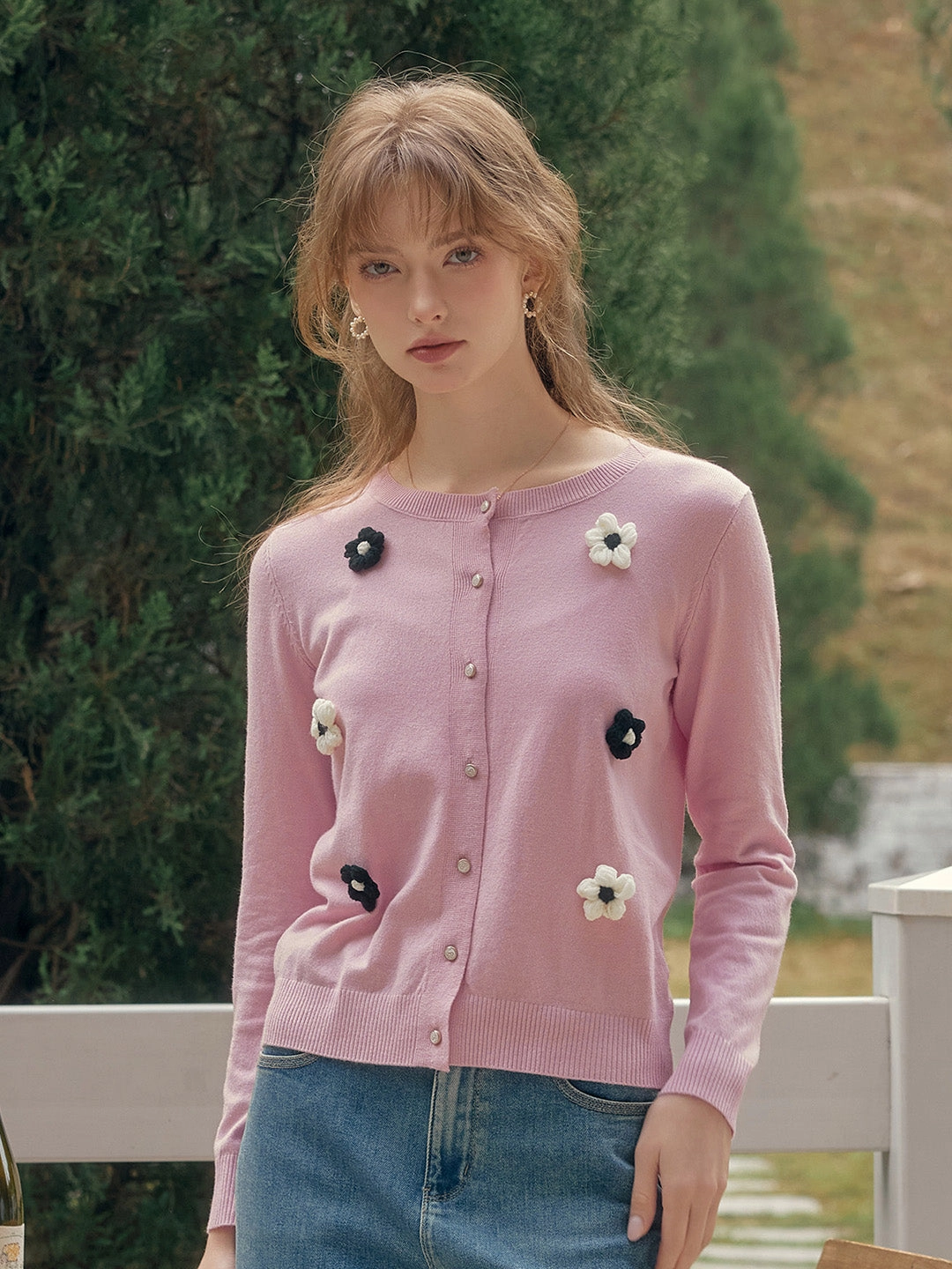 ??Final Sale??Amabel Round Neck Flower Cardigan EcoCertified Wool Blend
