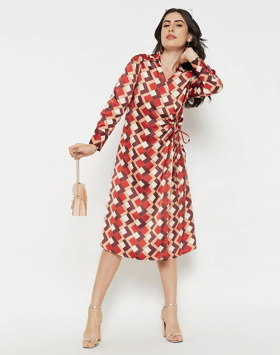 Madame Geometric Print Side Ruched Rosewood Midi Dress Flattering Shape Wear