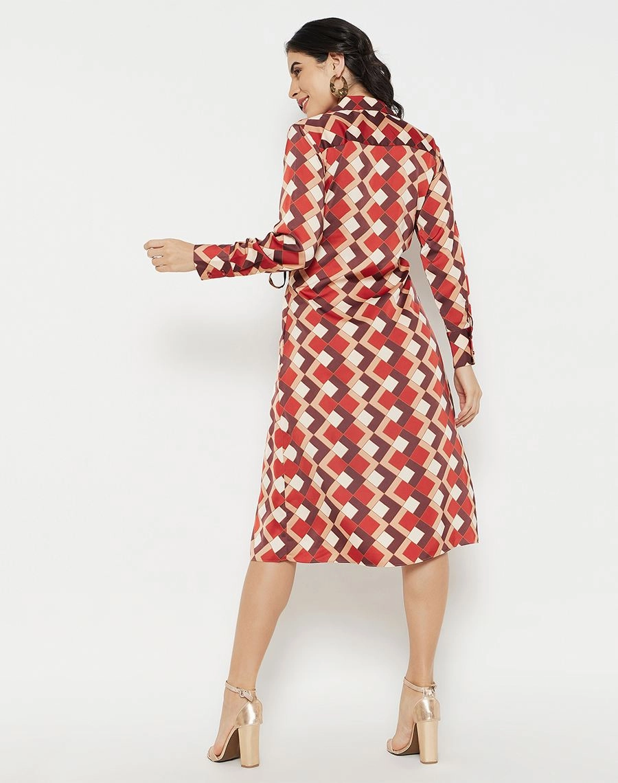 Madame Geometric Print Side Ruched Rosewood Midi Dress Soft Drape Polished Edge
