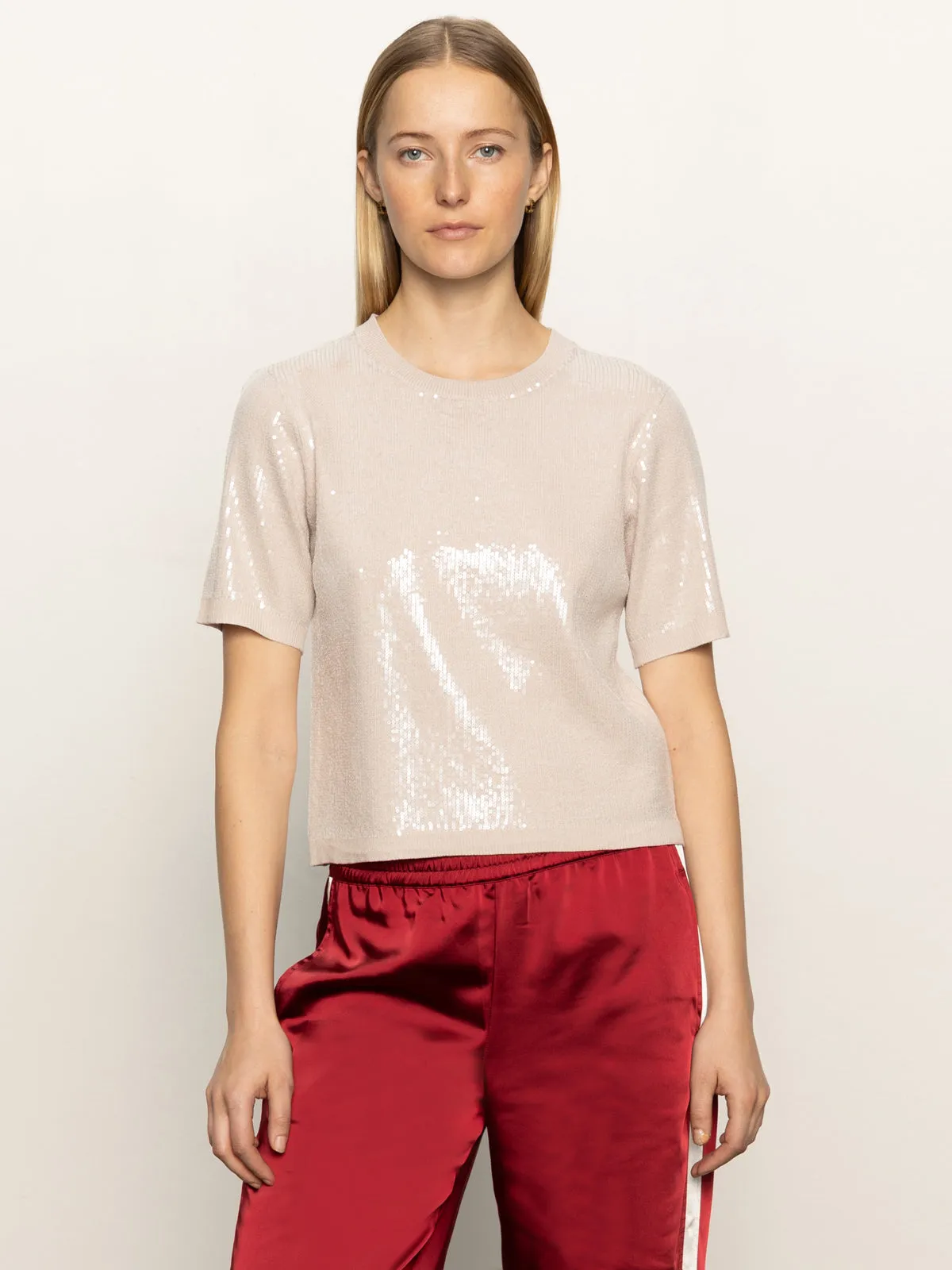 Raw Edge Finish Temperature Control Fabric Sparkle Sequin Sweater Mother Of Pearl