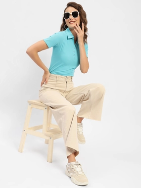 Moisture Control Technology Madame Turquoise Blue Polo Neckline Top