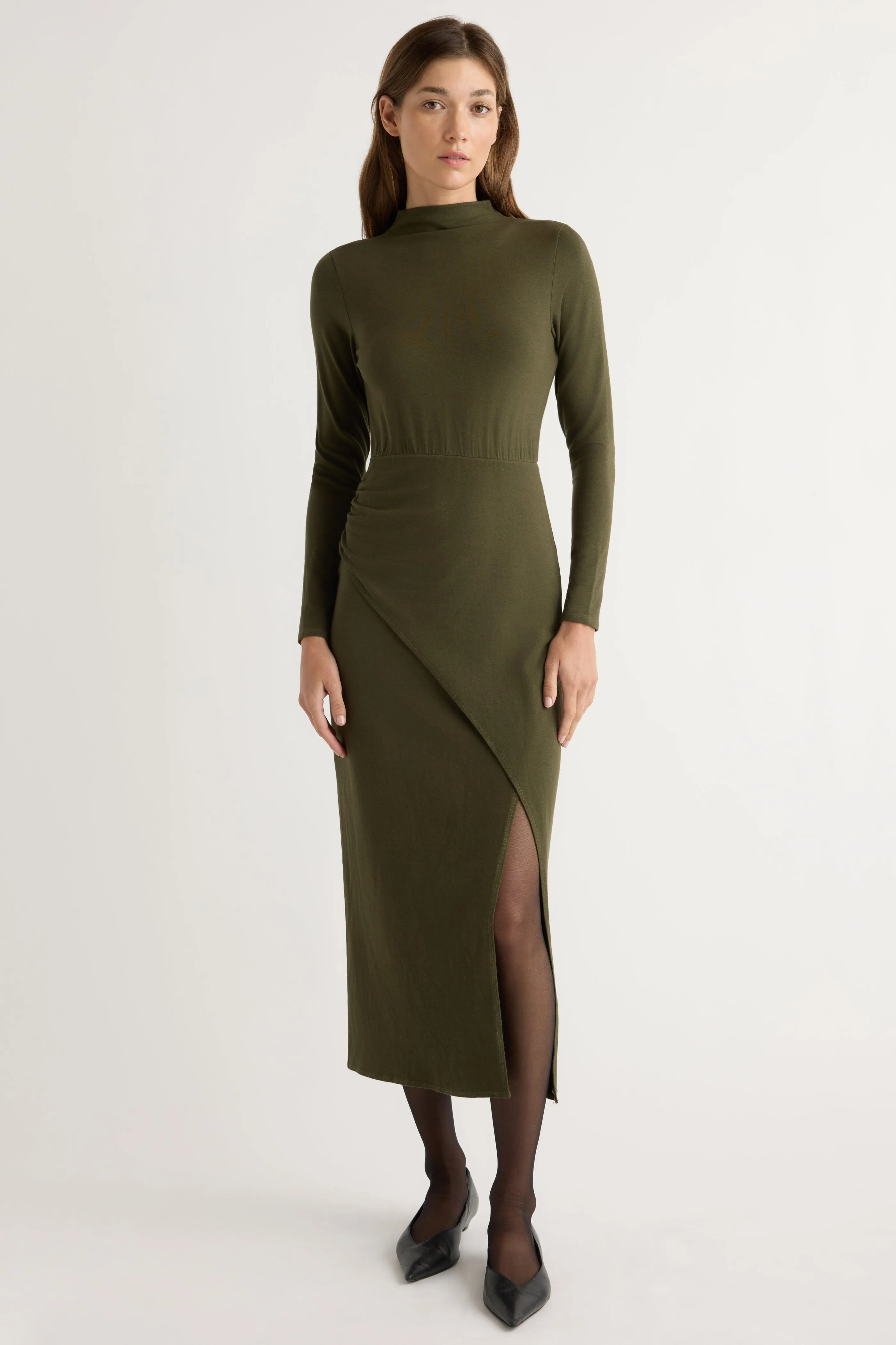 Suki Mock-Neck Side-Slit Dress Deep Hue Versatile Look