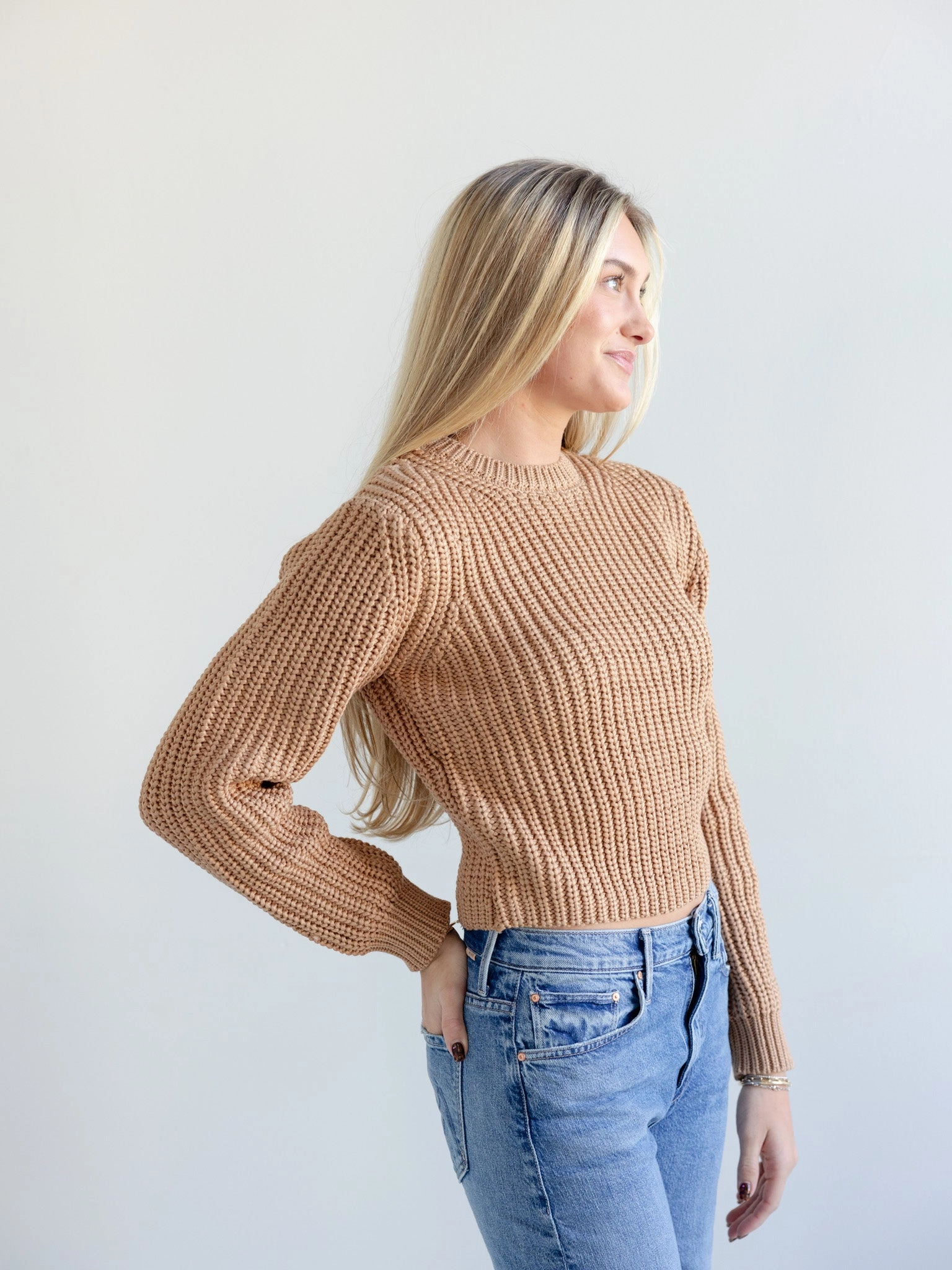 Garment Dyed Process AntiSnag Yarn Technology Farrah Knit Sweater Camel