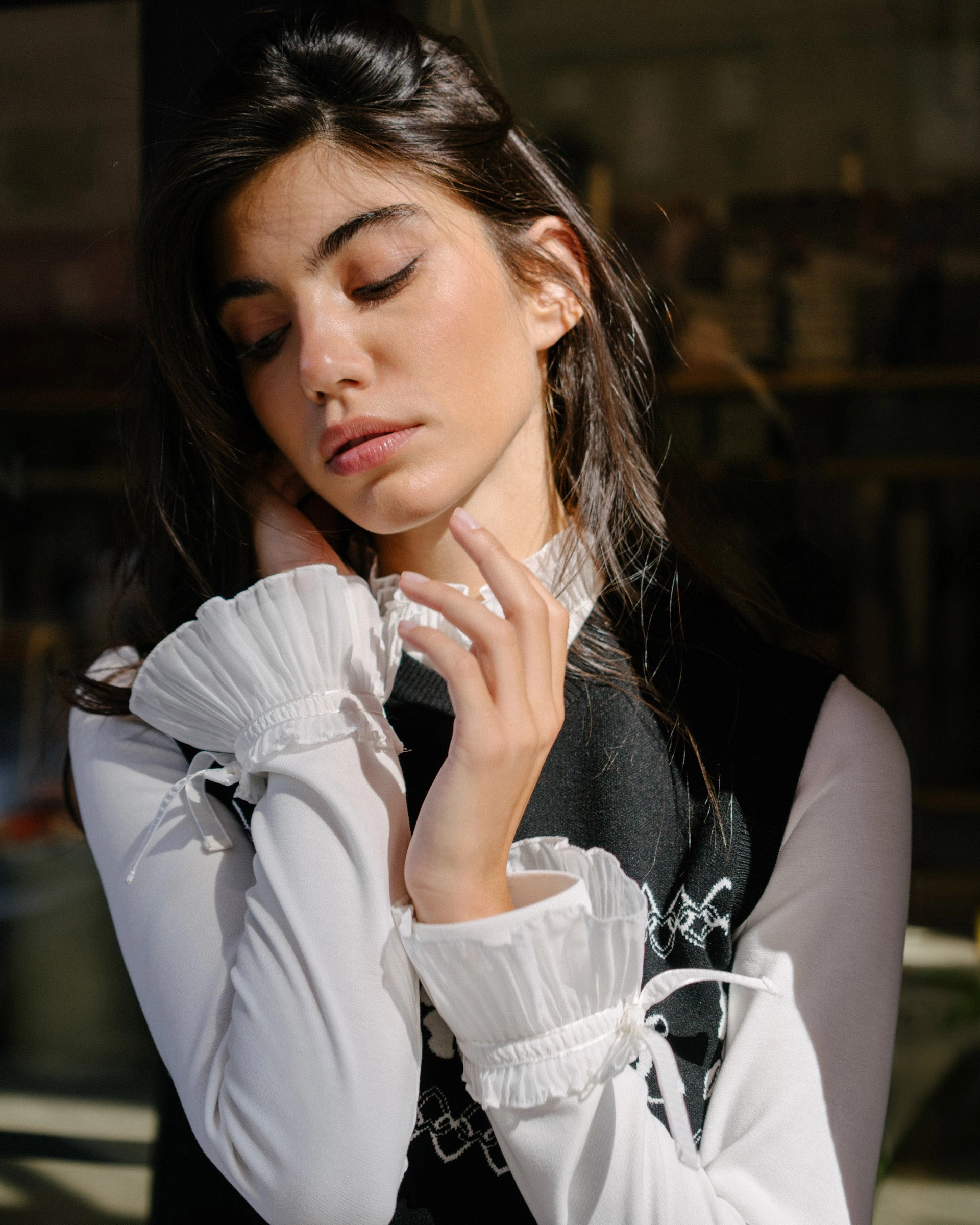 OversizedFit Frill sleeve high neck t-shirt - Ivory