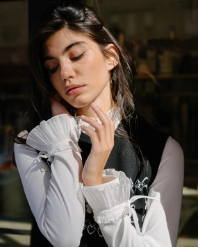OversizedFit Frill sleeve high neck t-shirt - Ivory