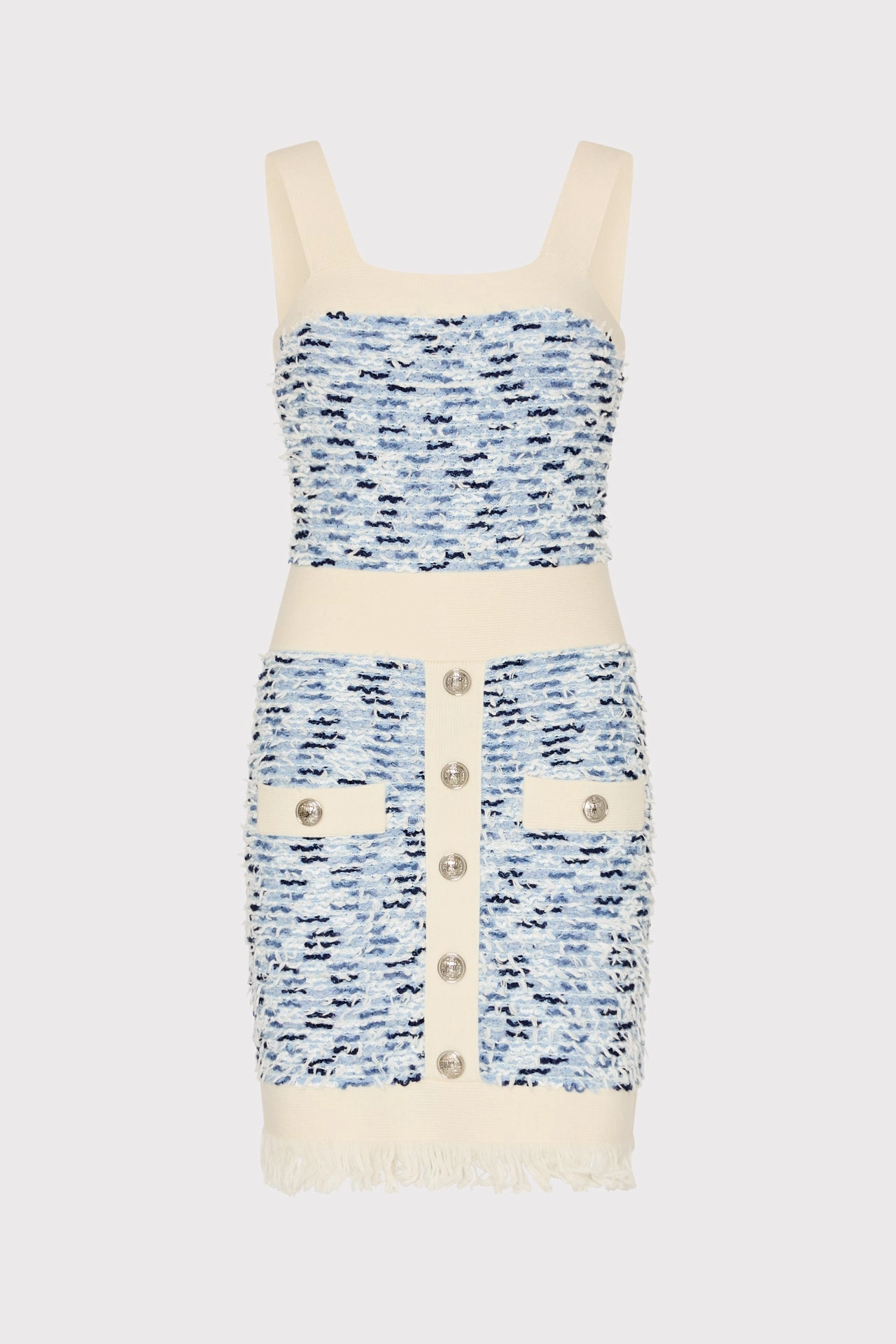 Interlock Knit Body Fringed Textured Knit Mini Dress