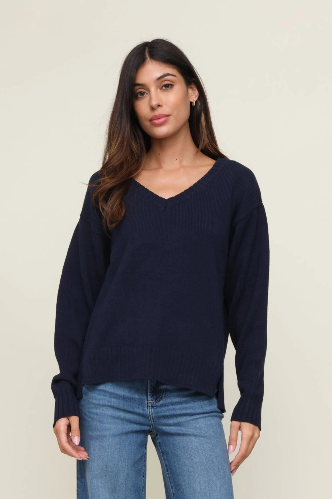 EcoFriendly Dye Stylish Drape All Around V Neck Sweater