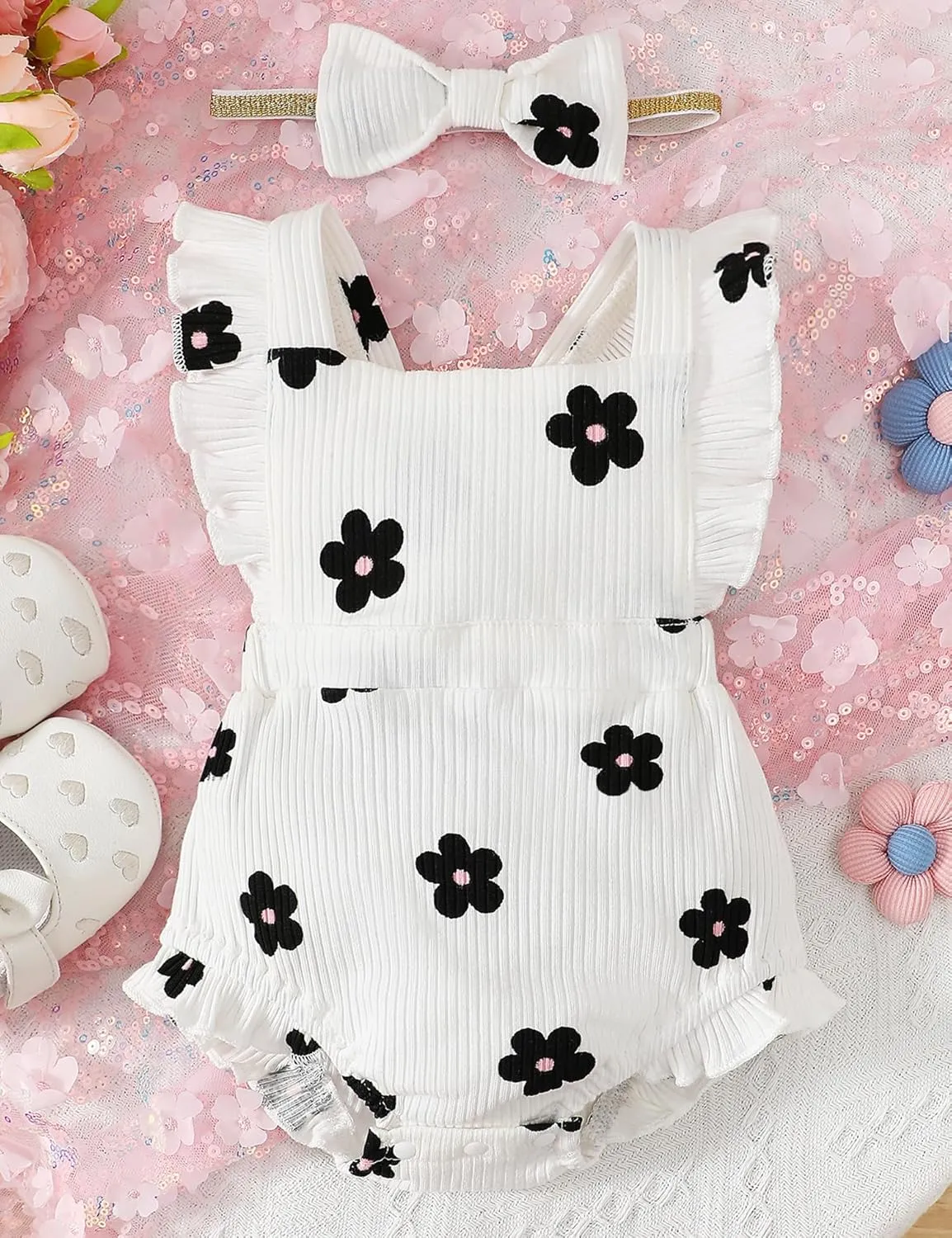 Fullfamous Baby Girl Ruffled Jumpsuit and Headband Set