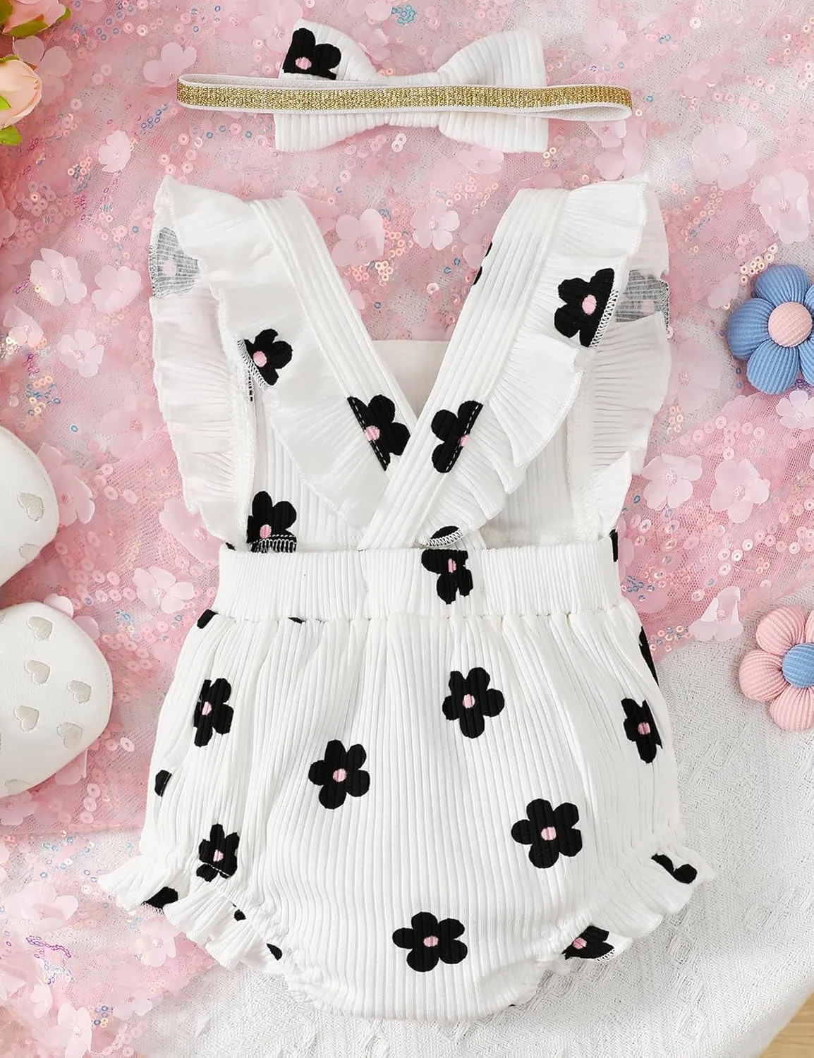 Fullfamous Baby Girl Ruffled Jumpsuit and Headband Set