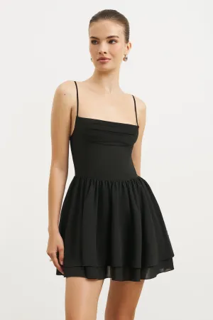Stylish Waistband Lace-Sleeve Chiffon Tiered Babydoll Mini Dress - Black