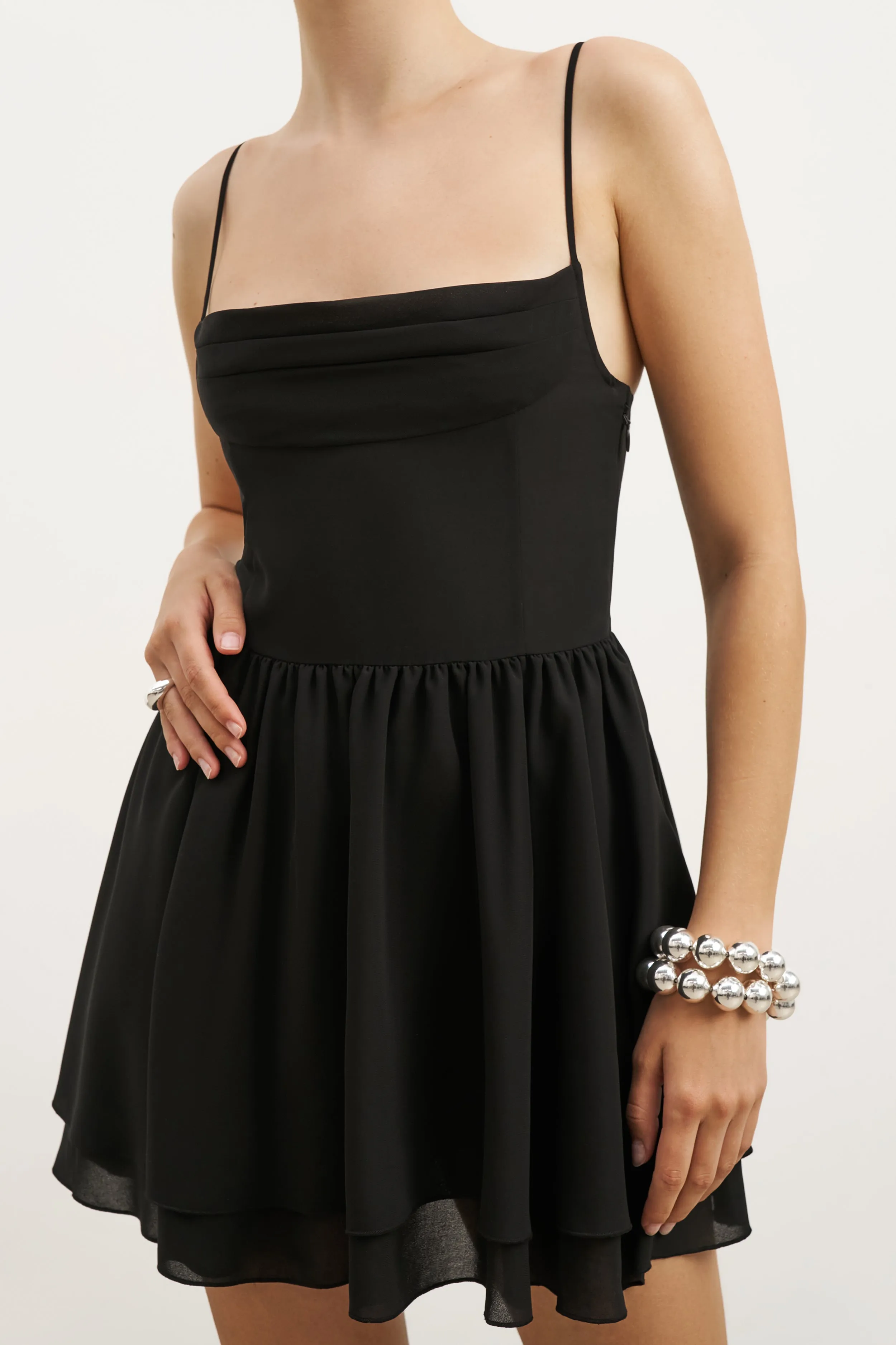 Chiffon Tiered Babydoll Mini Dress - Black Casual Style Wear