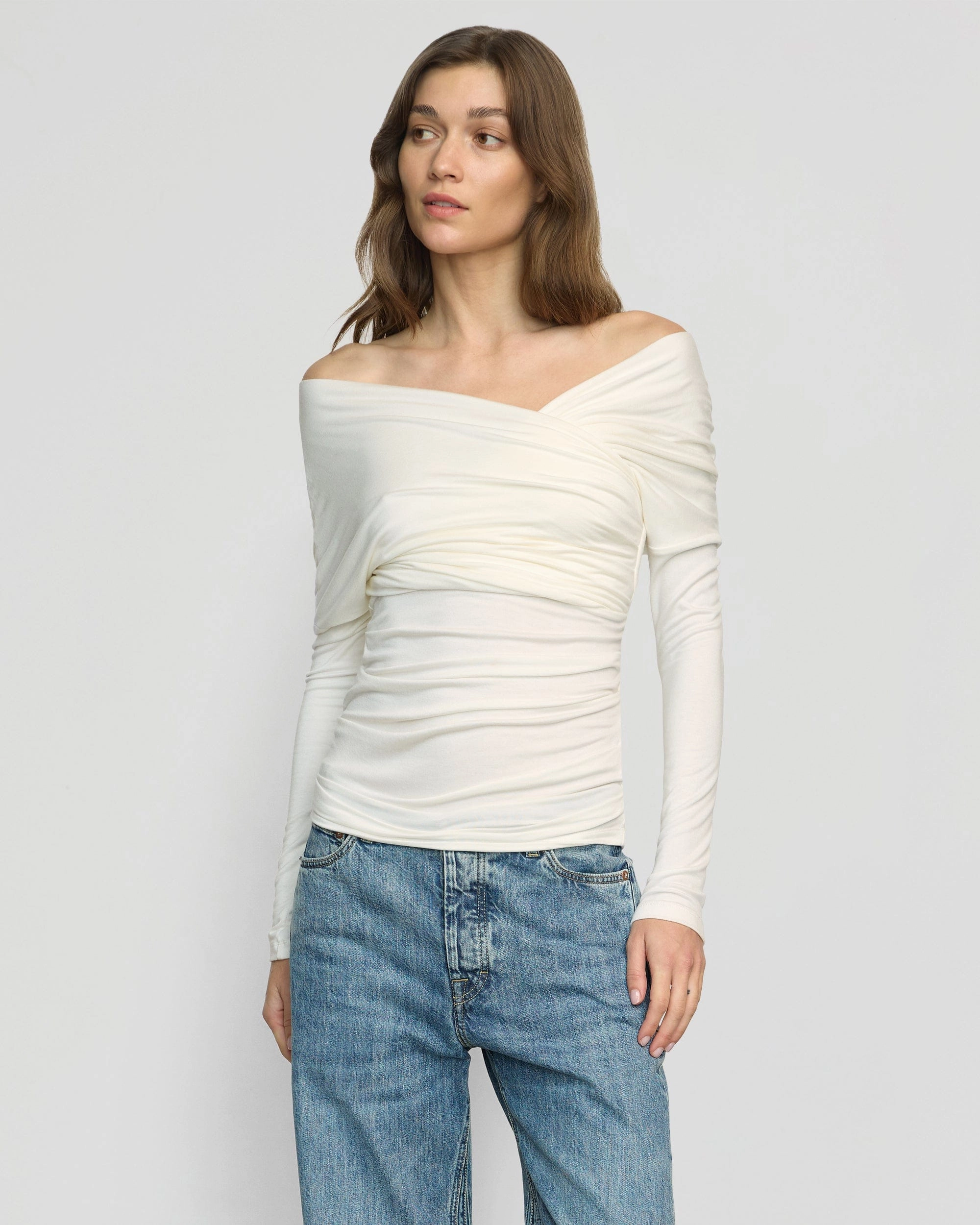 Theresa Ruched Off-Shoulder Long-Sleeve Tee Non Restrictive Fit