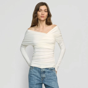 Theresa Ruched Off-Shoulder Long-Sleeve Tee TonalStitching