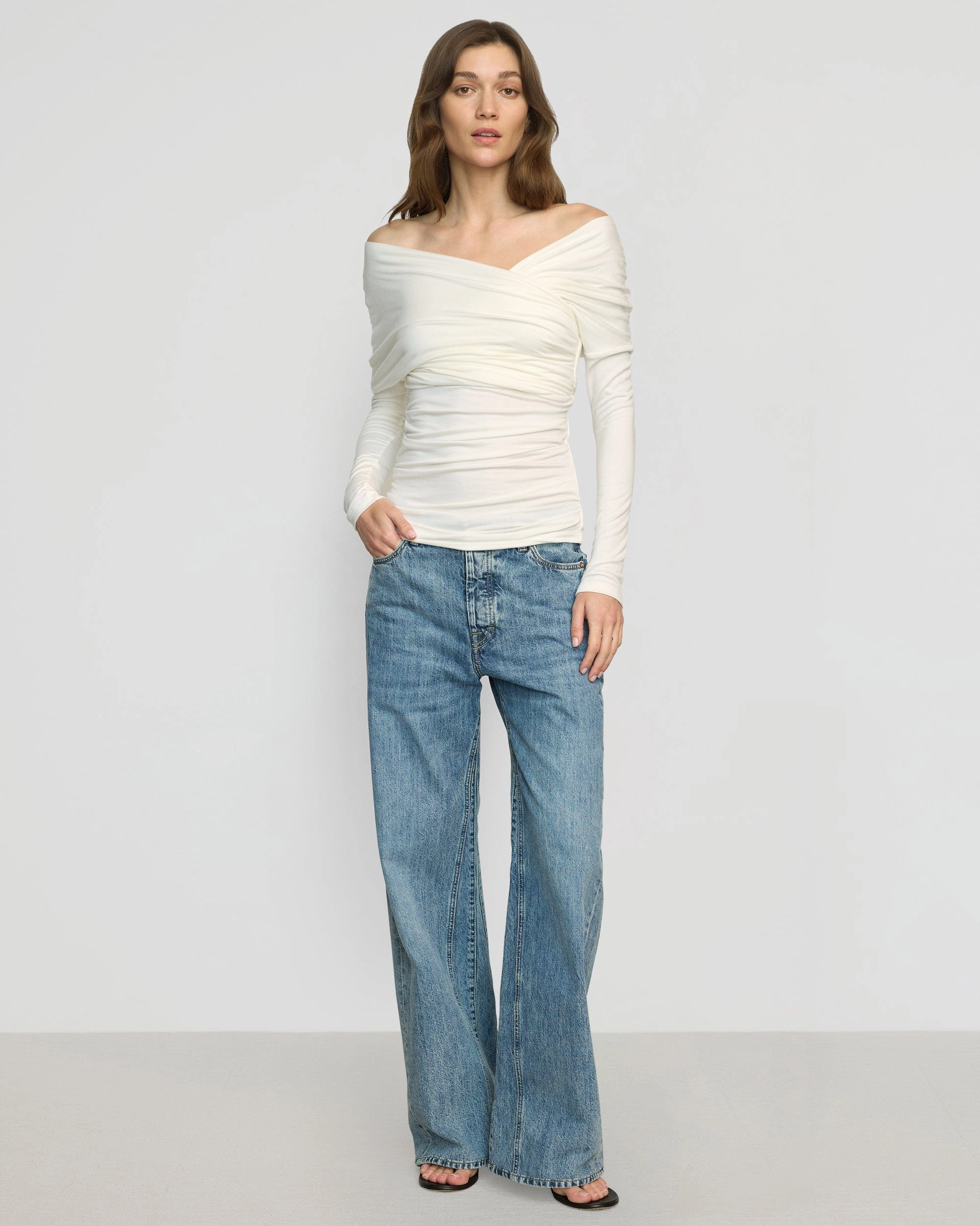 LowProfile Zipper Roll Up Sleeve Design Theresa Ruched Off-Shoulder Long-Sleeve Tee