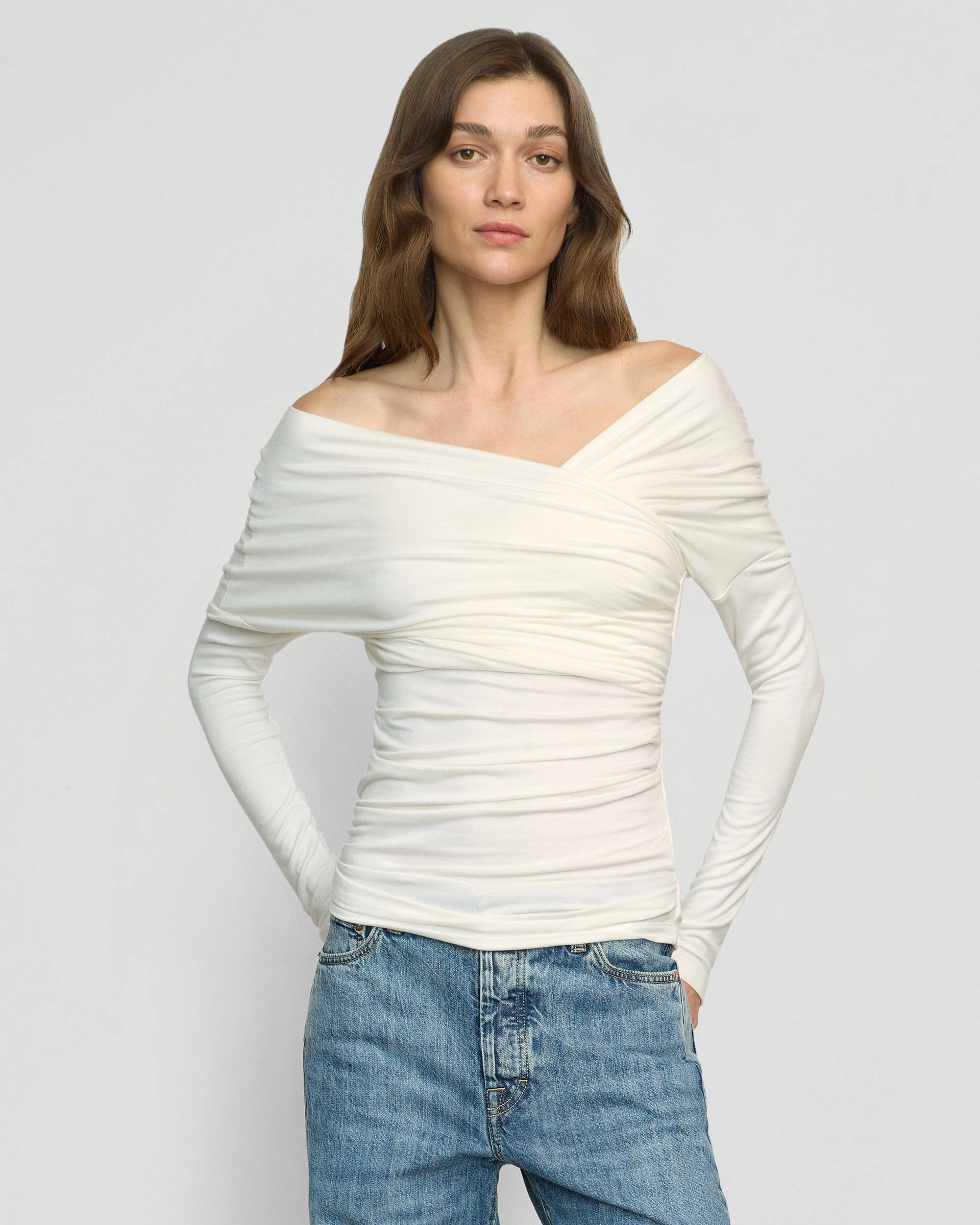 Theresa Ruched Off-Shoulder Long-Sleeve Tee Reflective Trim