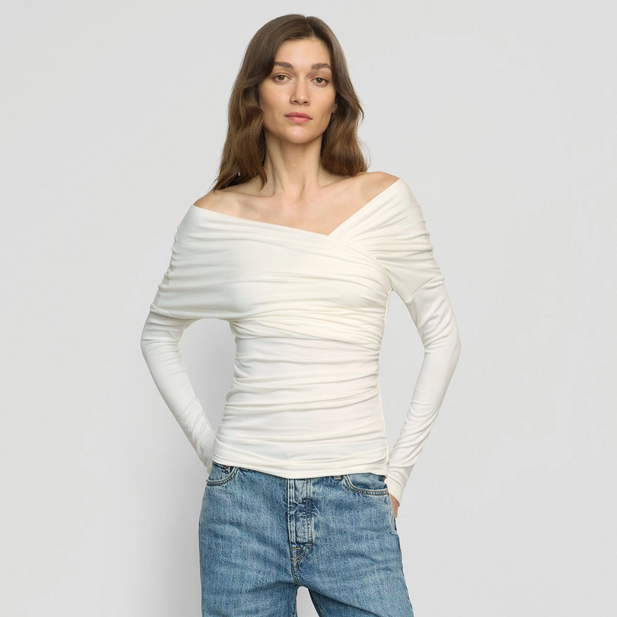 Theresa Ruched Off-Shoulder Long-Sleeve Tee TonalStitching