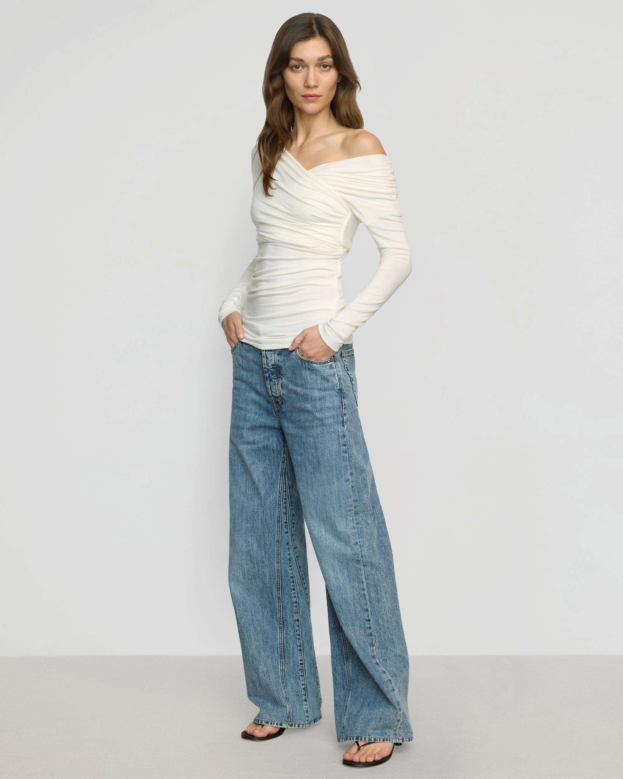 Theresa Ruched Off-Shoulder Long-Sleeve Tee Drop Shoulder